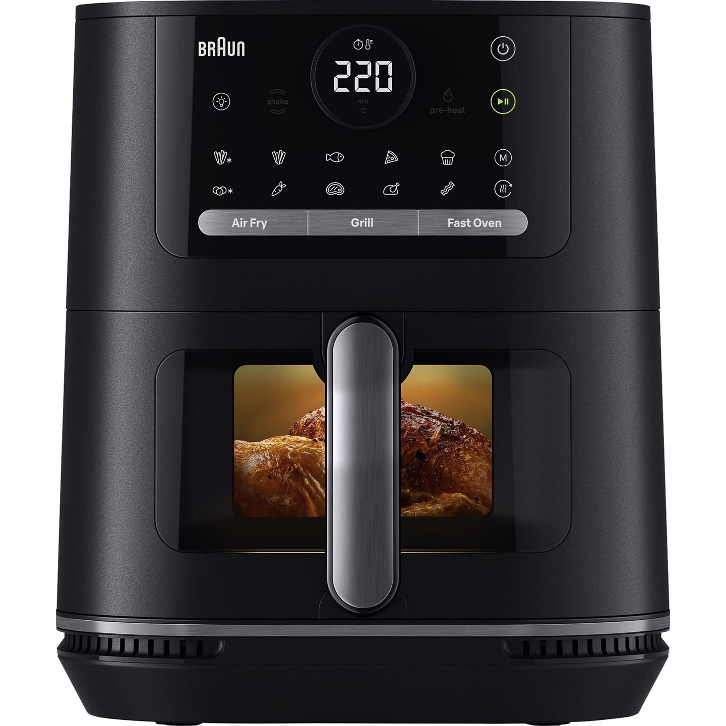 Ein schwarzer Braun Heißluftfritteuse mit Digitalanzeige (220°C). Zwei Hähnchen garen innen.