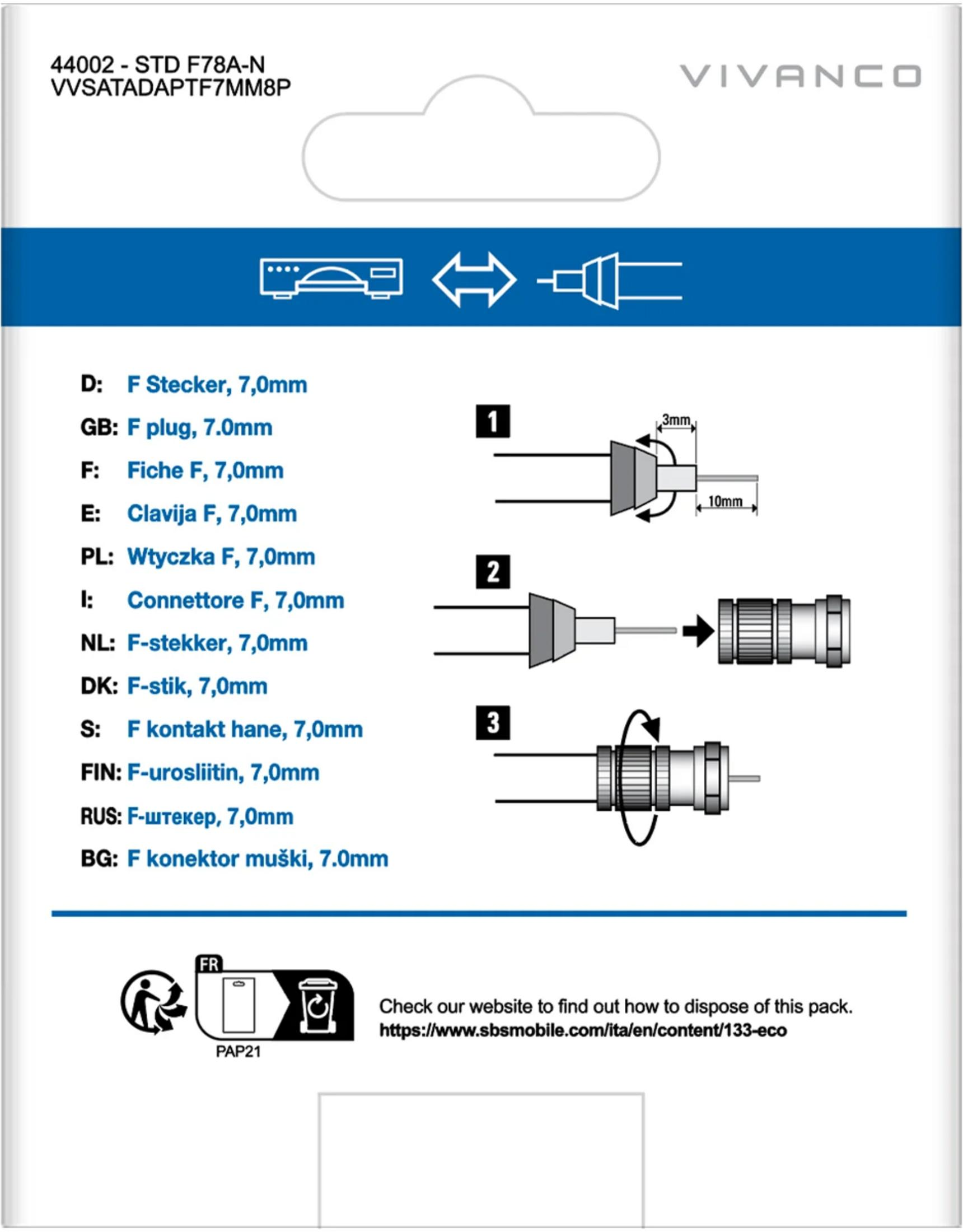 Paquete con conector F, 7,0mm. Instrucciones de montaje.