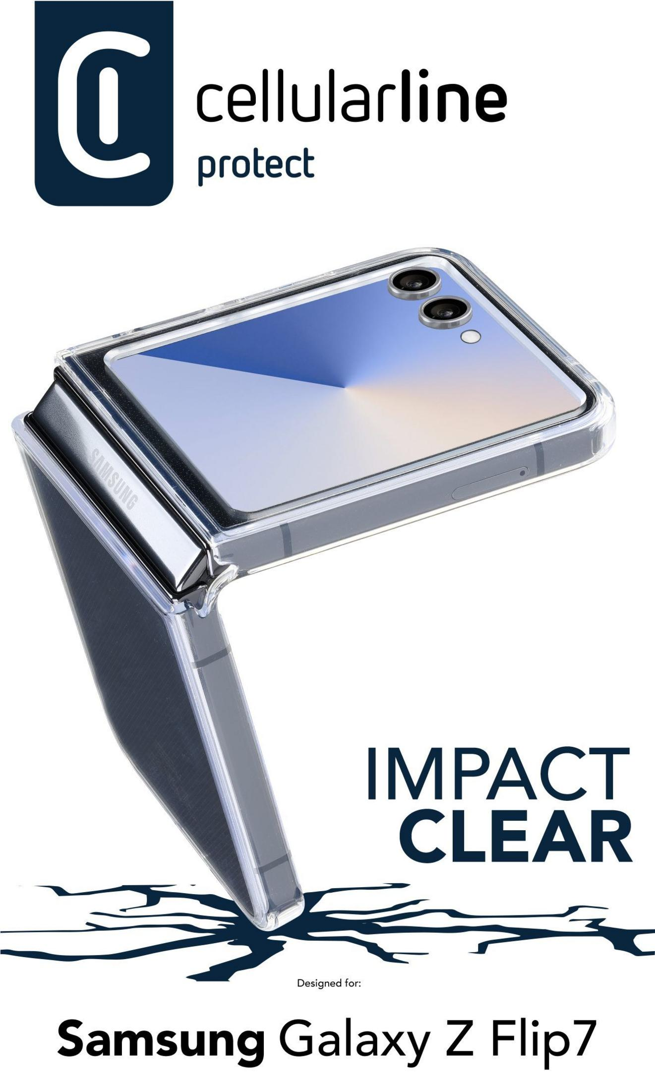 Klare Hülle für Samsung Galaxy Z Flip7, mit Logo und Text 'Impact Clear'.