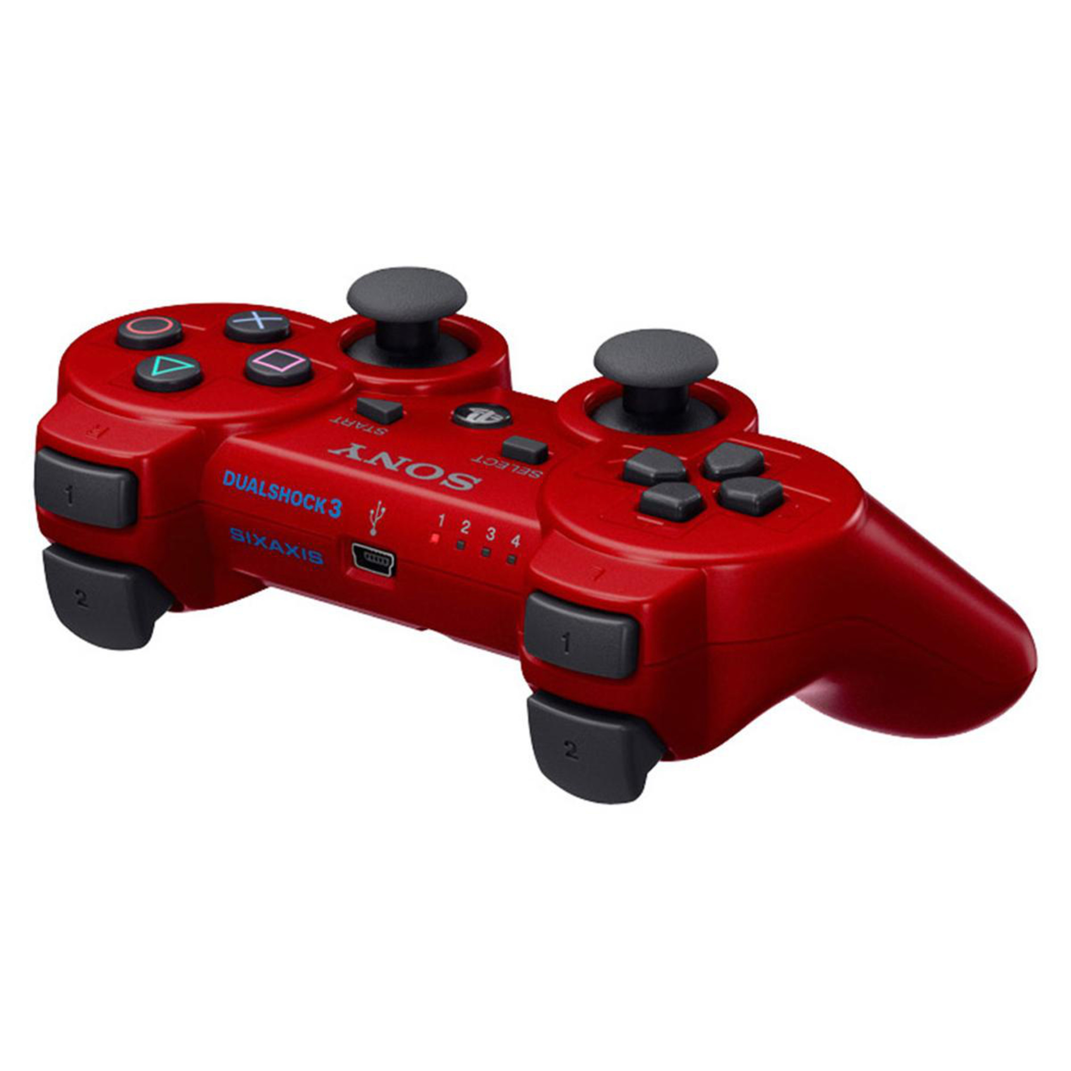 Ein roter PlayStation 3 Controller mit schwarzen Knöpfen und Joysticks.