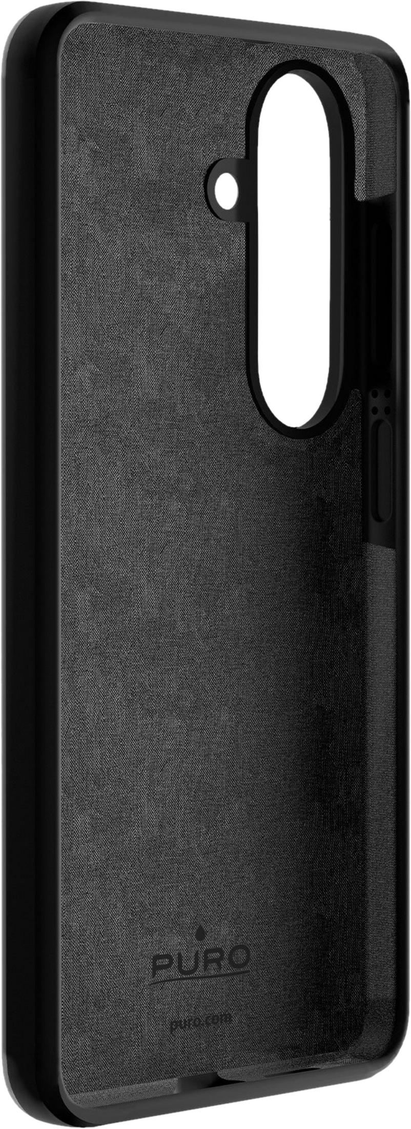 Custodia nera per telefono con texture in tessuto e ritagli per fotocamera e pulsanti.