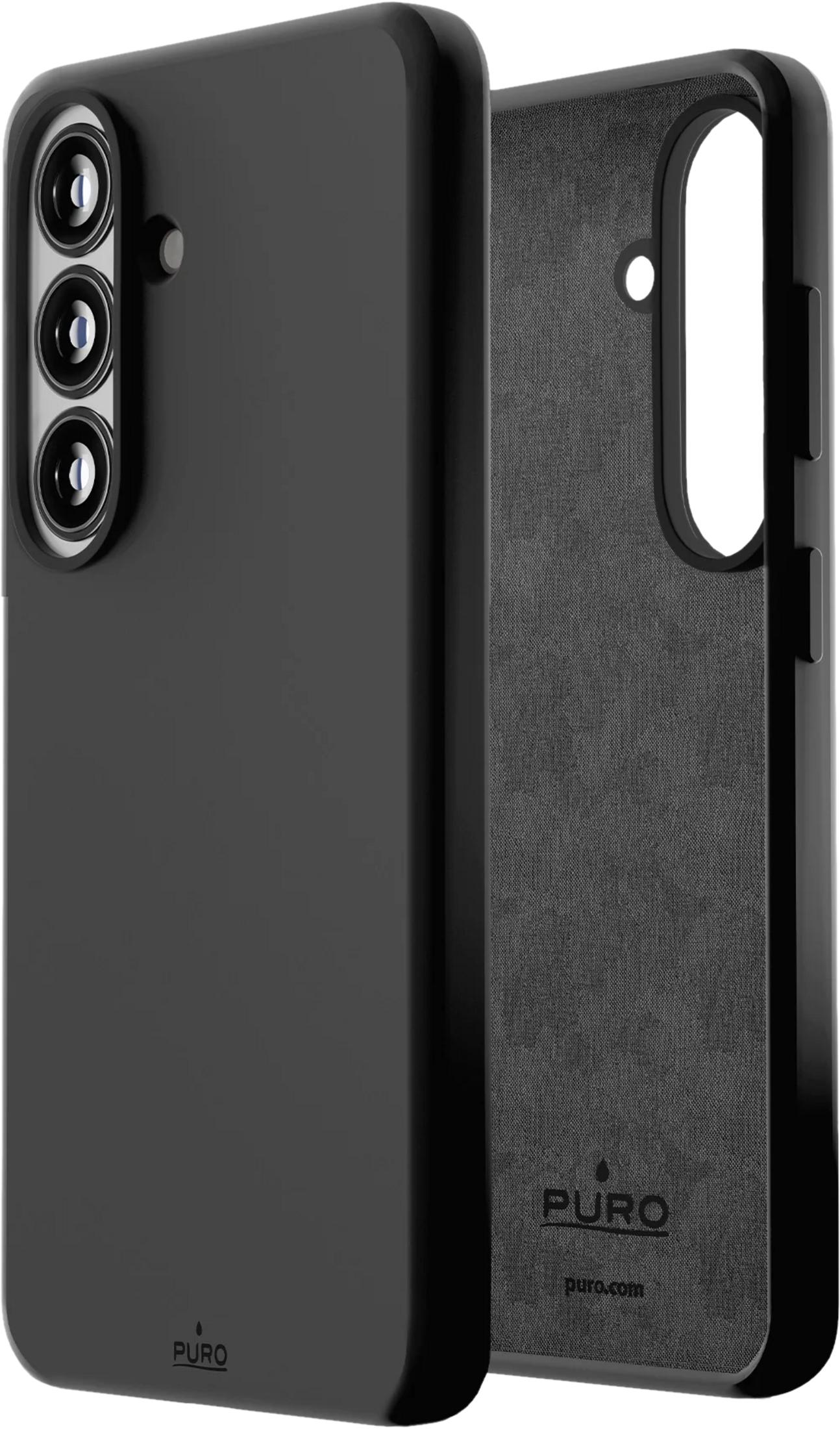 Vengono mostrate due custodie nere per telefono. Una custodia mostra un modulo tripla fotocamera.