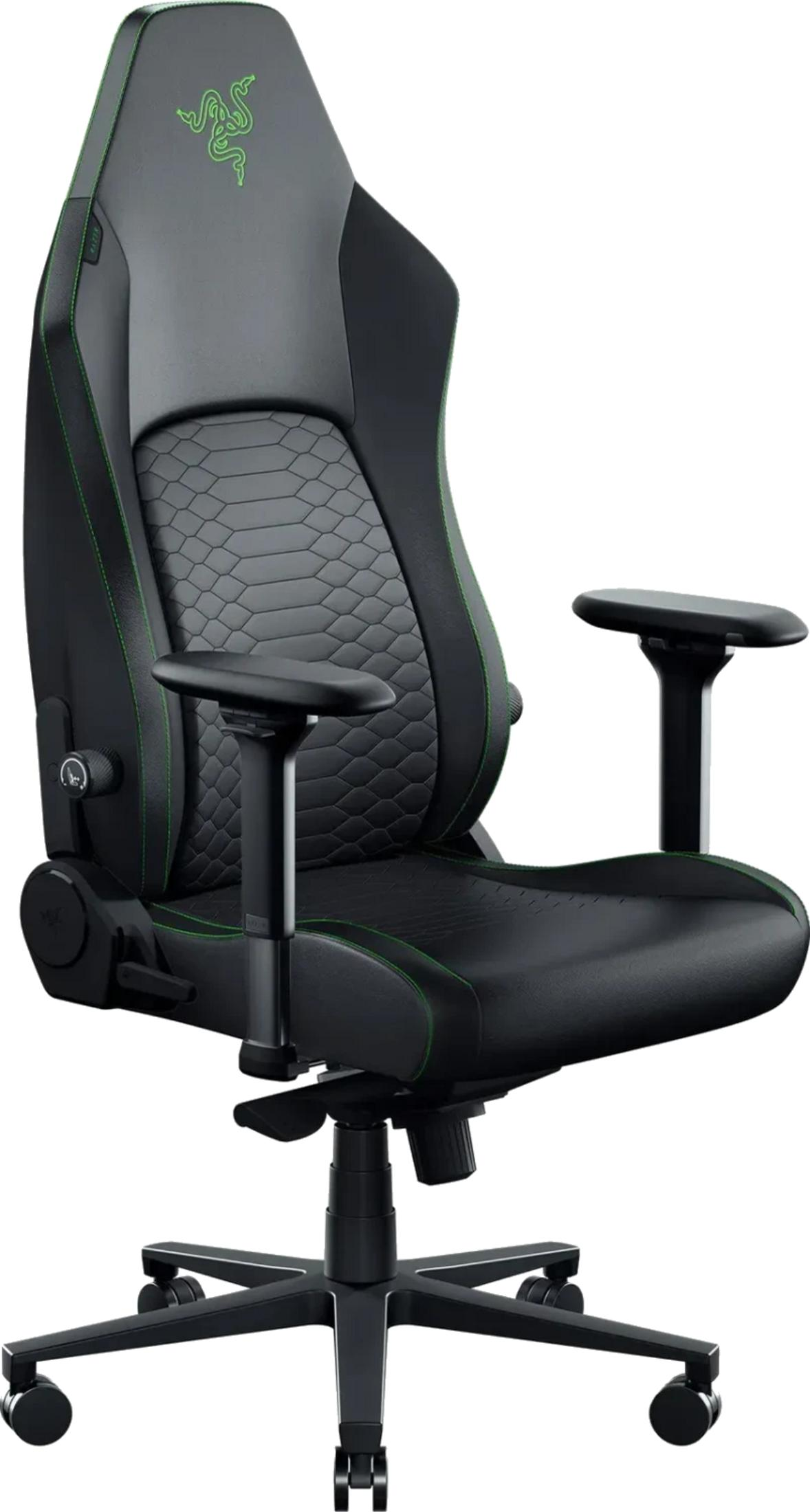 Schwarzer Gaming-Stuhl mit Razer-Logo und grünen Nähten, auf weißem Hintergrund.