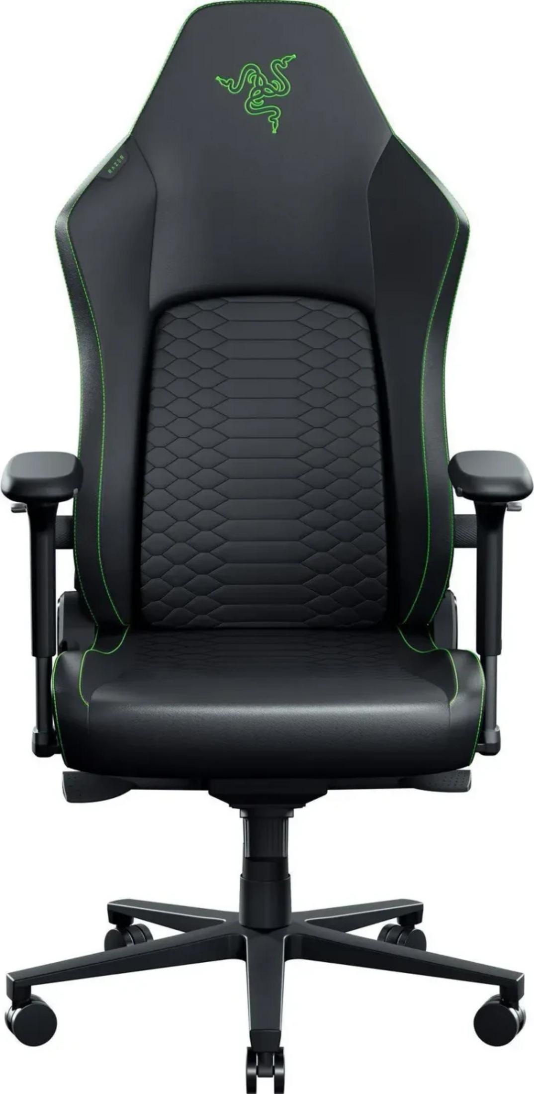 Schwarzer Gaming-Stuhl mit grünem Razer-Logo und Nähten.