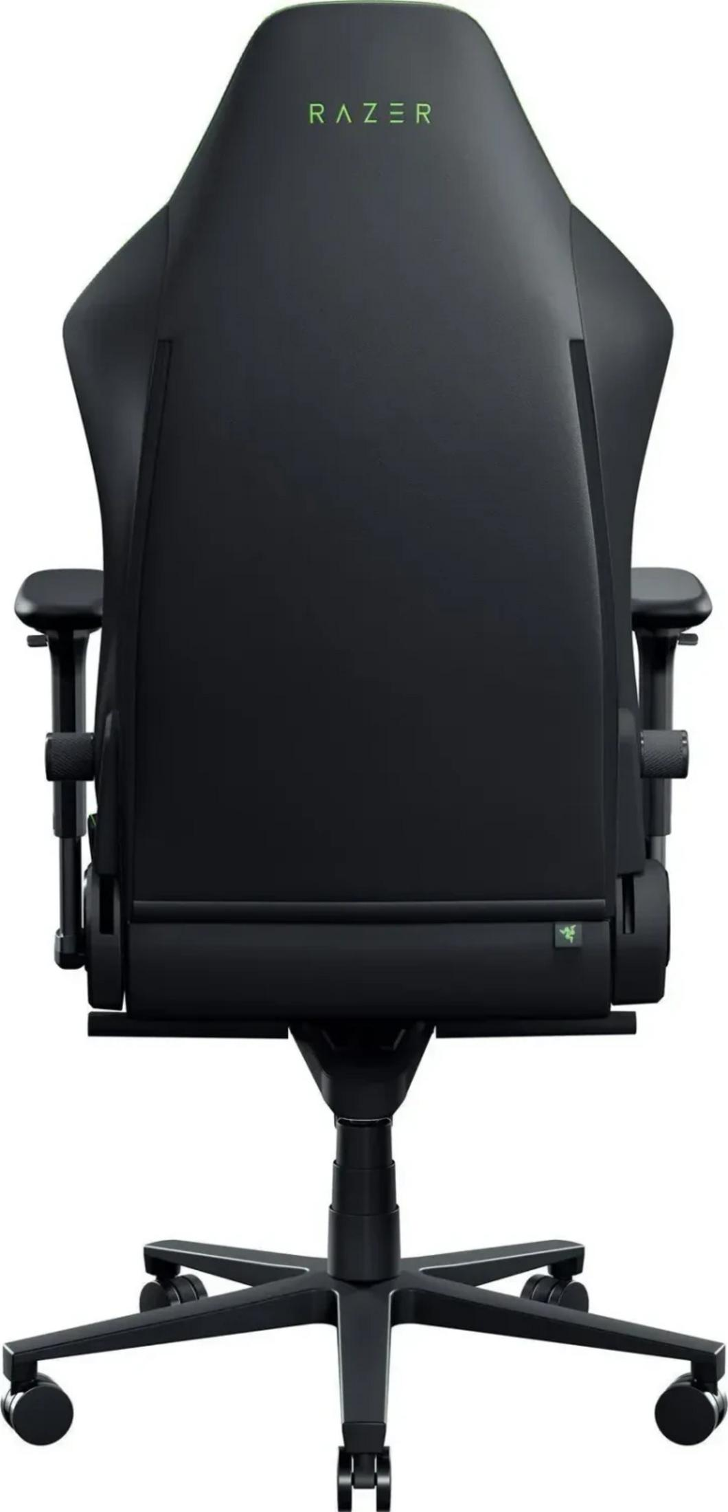 Schwarzer Gaming-Stuhl mit Razer-Logo oben und Rollen unten.