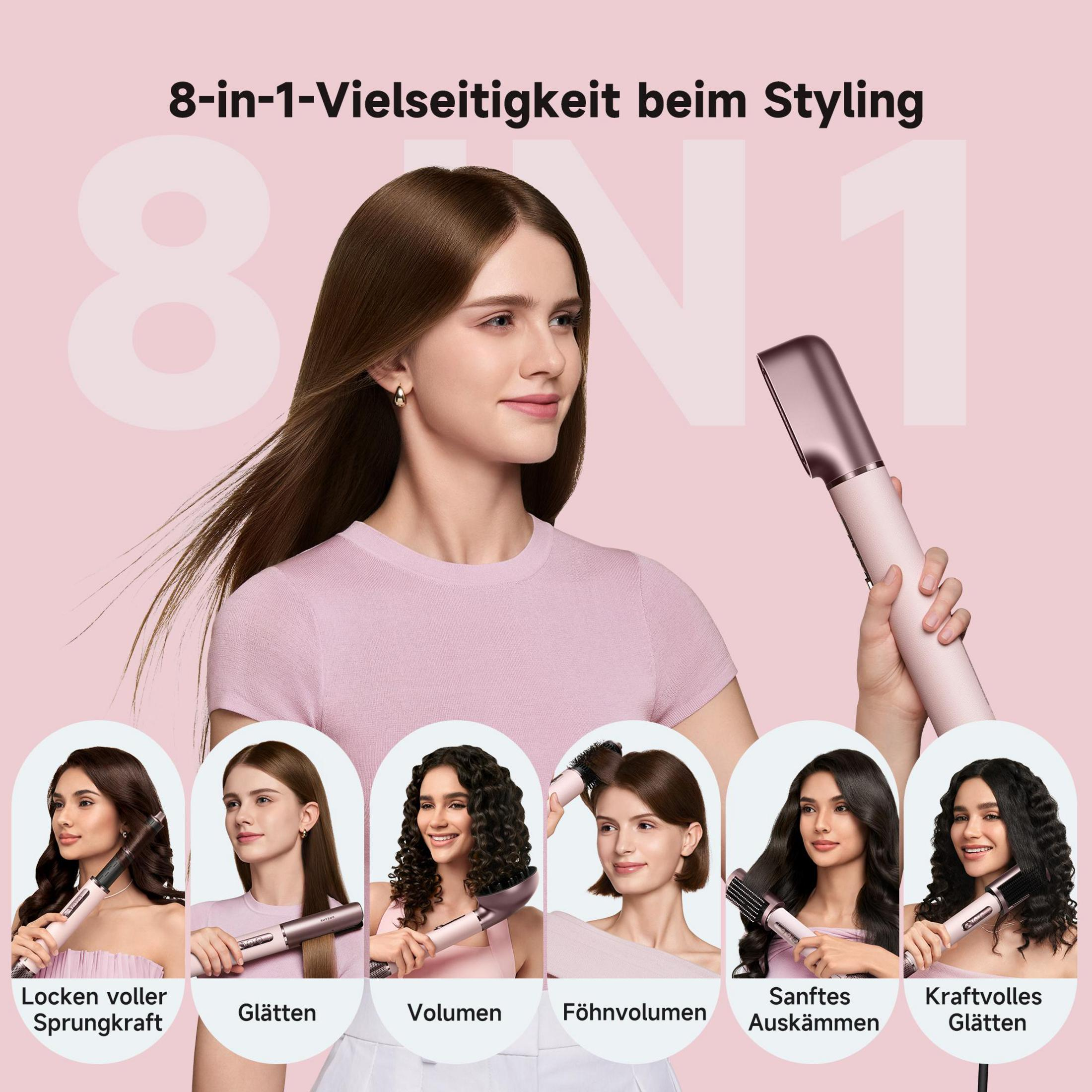 Una donna tiene uno strumento per lo styling rosa, circondata da 6 acconciature.