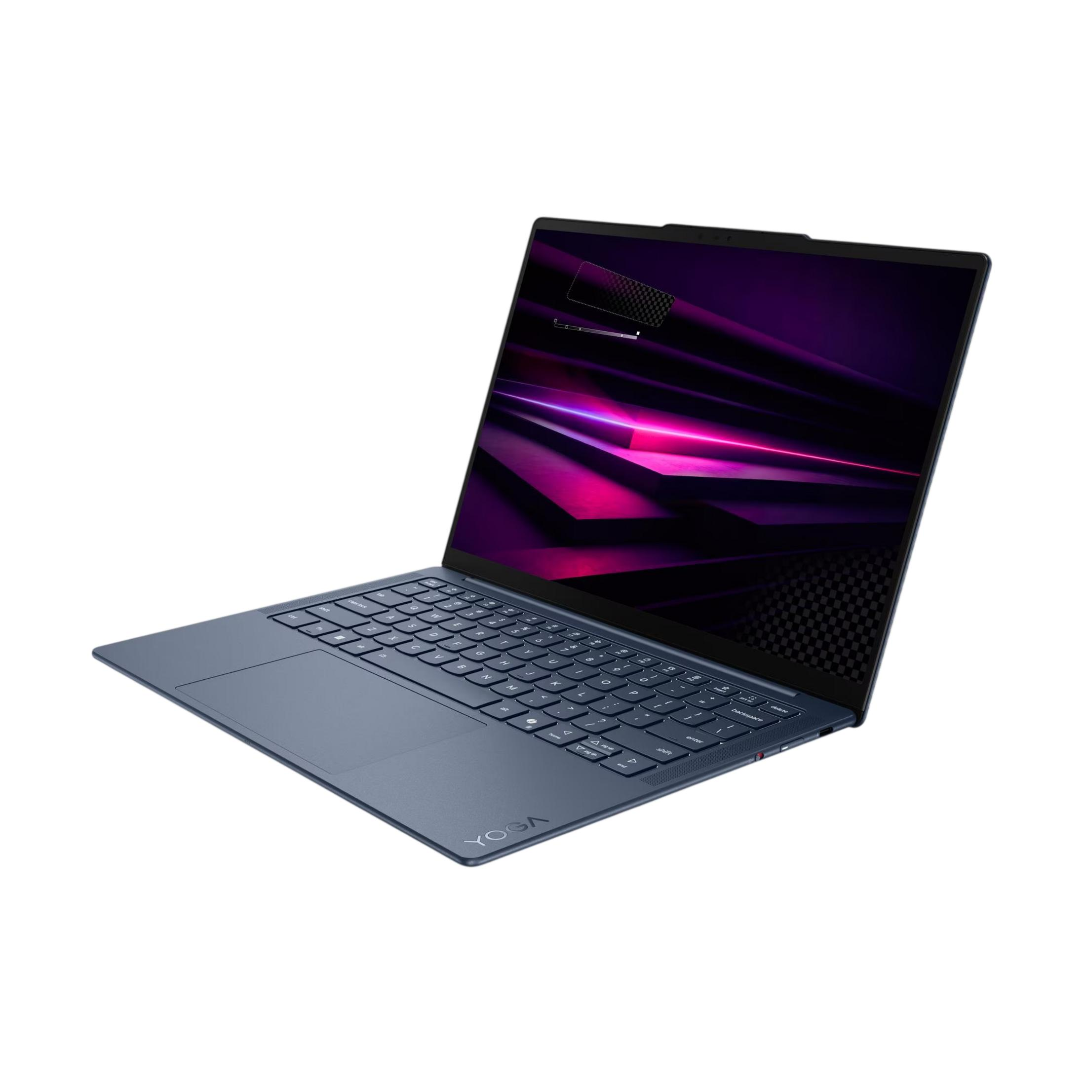 Ein blauer Laptop mit beleuchtetem Keyboard und violettem Bildschirmhintergrund.