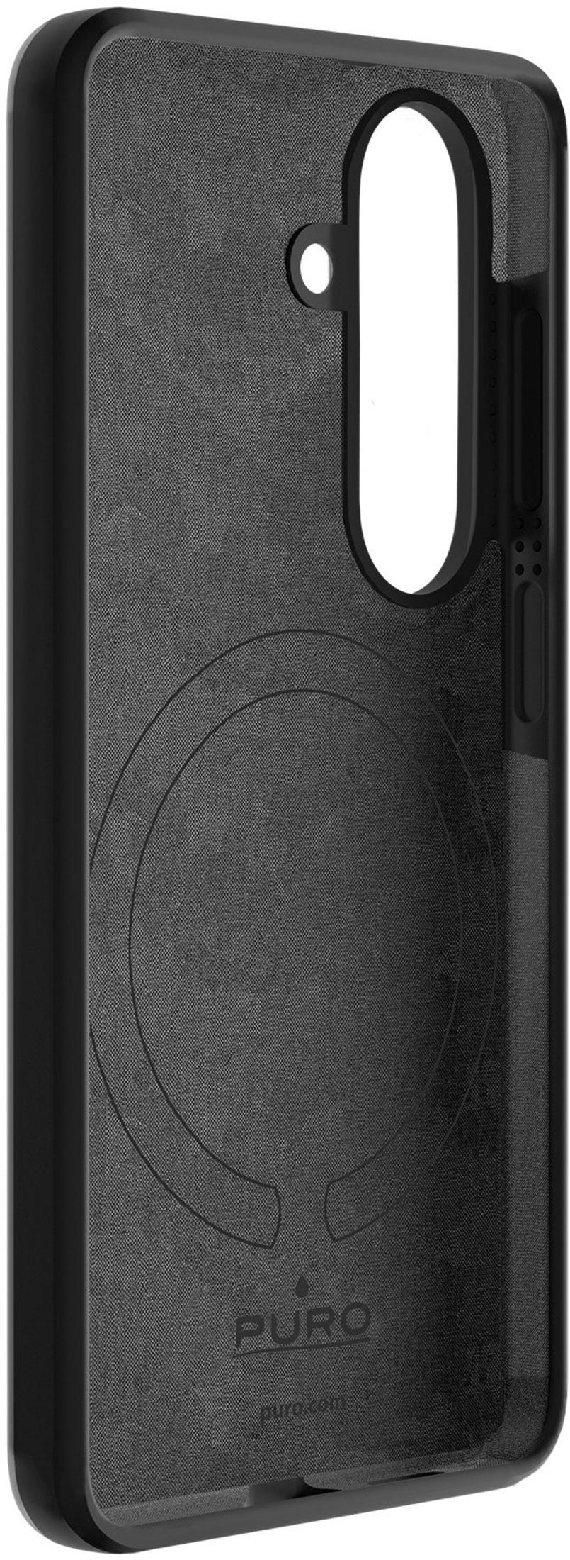 Custodia nera per telefono con ritaglio fotocamera e logo.