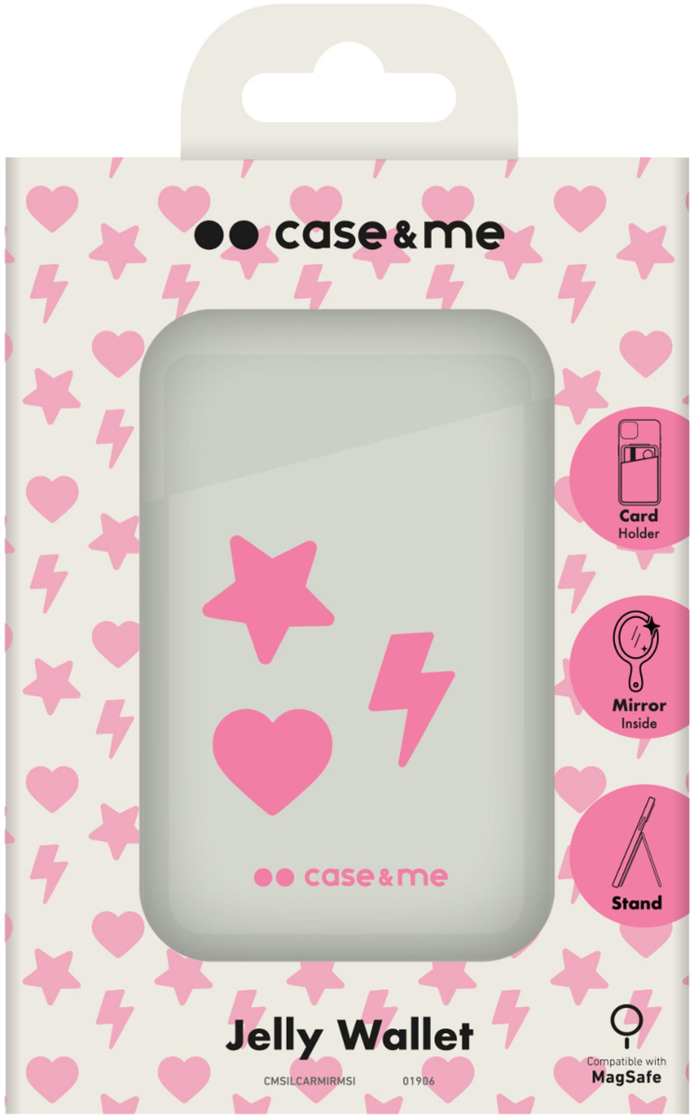 Embalaje para una Jelly Wallet con corazones y rayos. Incluye tarjetero, espejo y soporte.