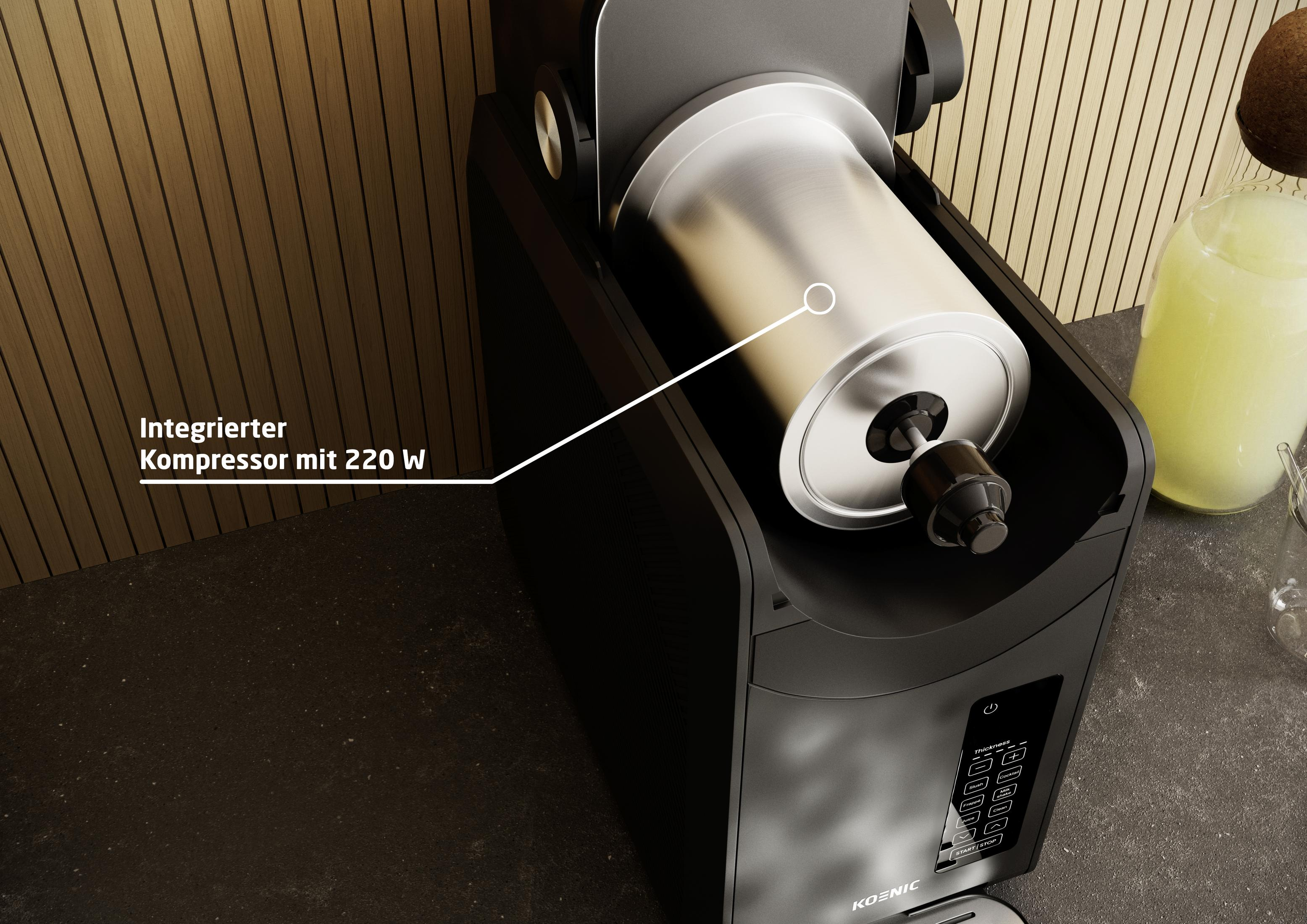 Schwarzer Eisbereiter mit integriertem 220W Kompressor, daneben ein Glas mit gelber Flüssigkeit.