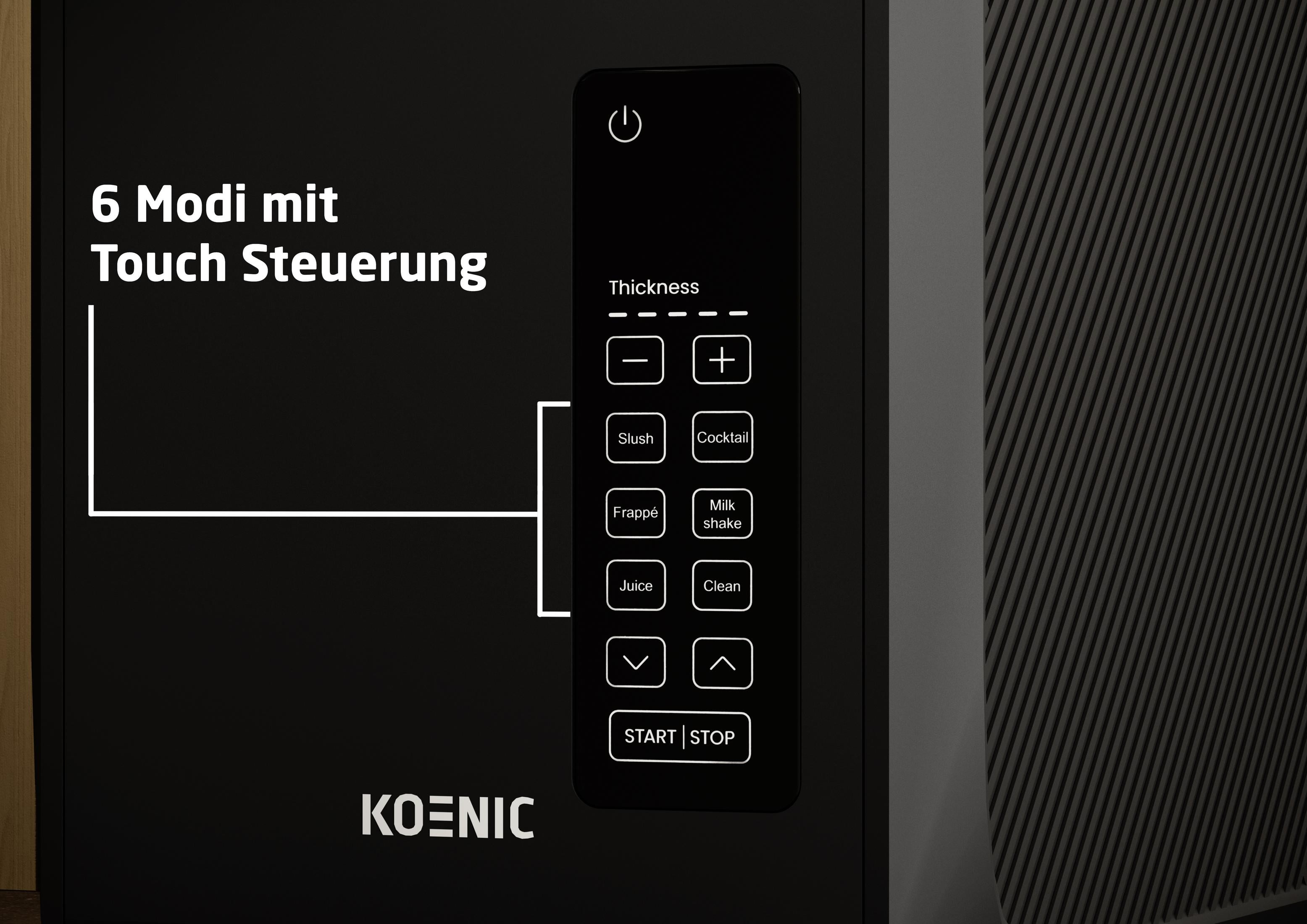 Schwarzes Bedienfeld mit Touchscreen-Optionen wie Slush, Cocktail, Frappé, Saft und Reinigen.