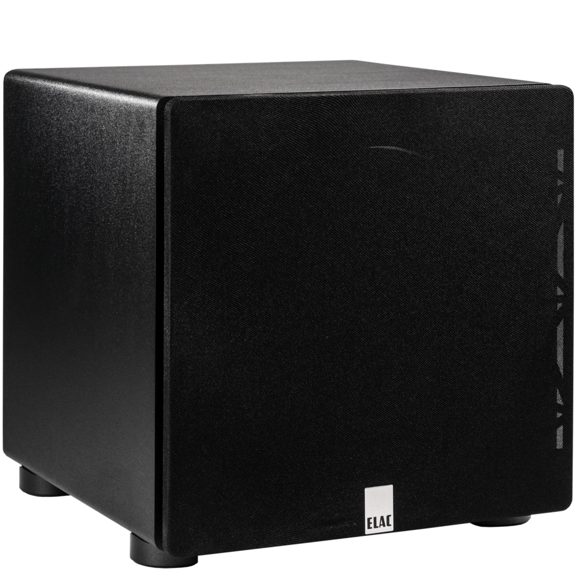 Schwarzer Subwoofer mit ELAC-Logo, auf vier Füßen stehend.