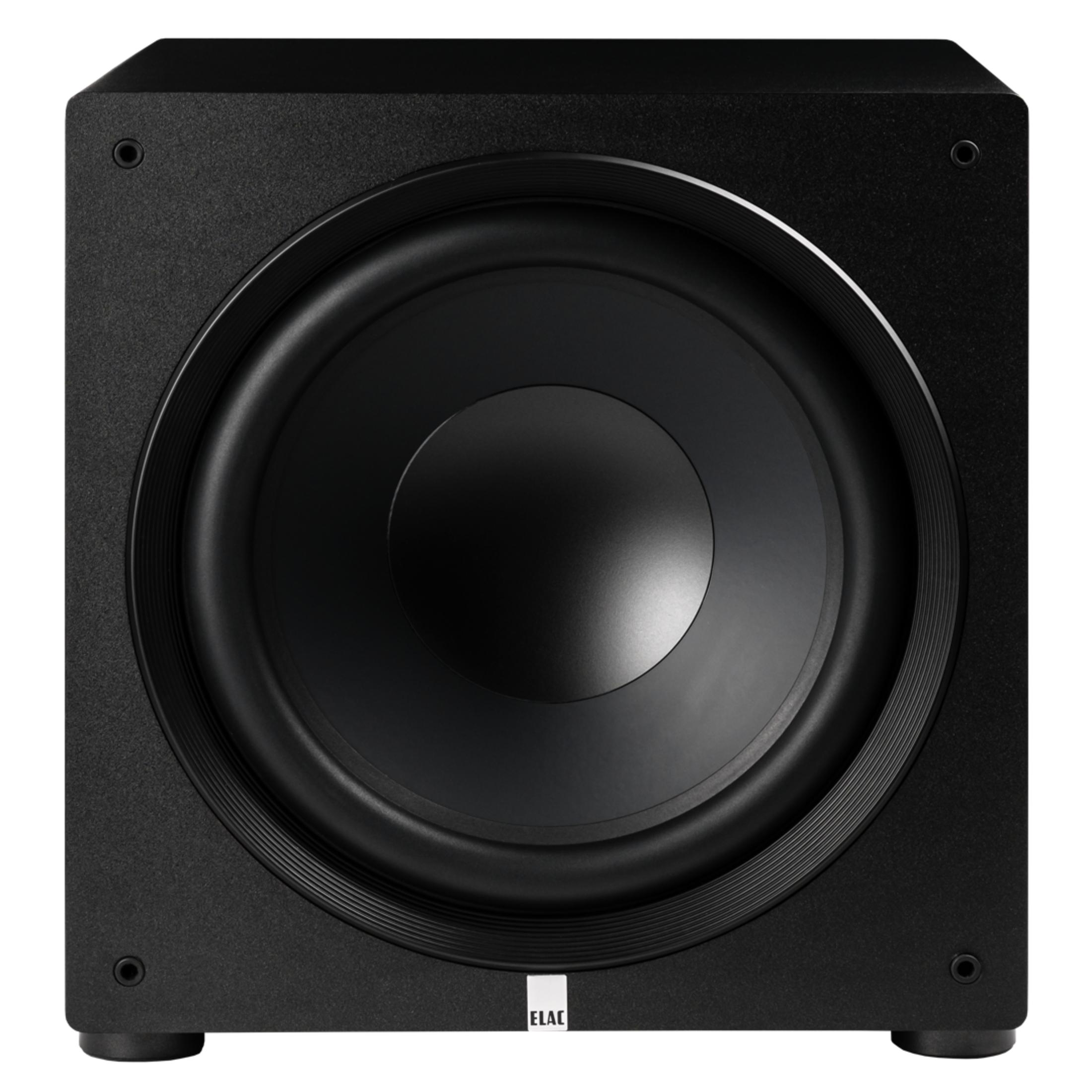Schwarzer Subwoofer mit großem Lautsprecher und ELAC-Logo auf weißem Hintergrund.