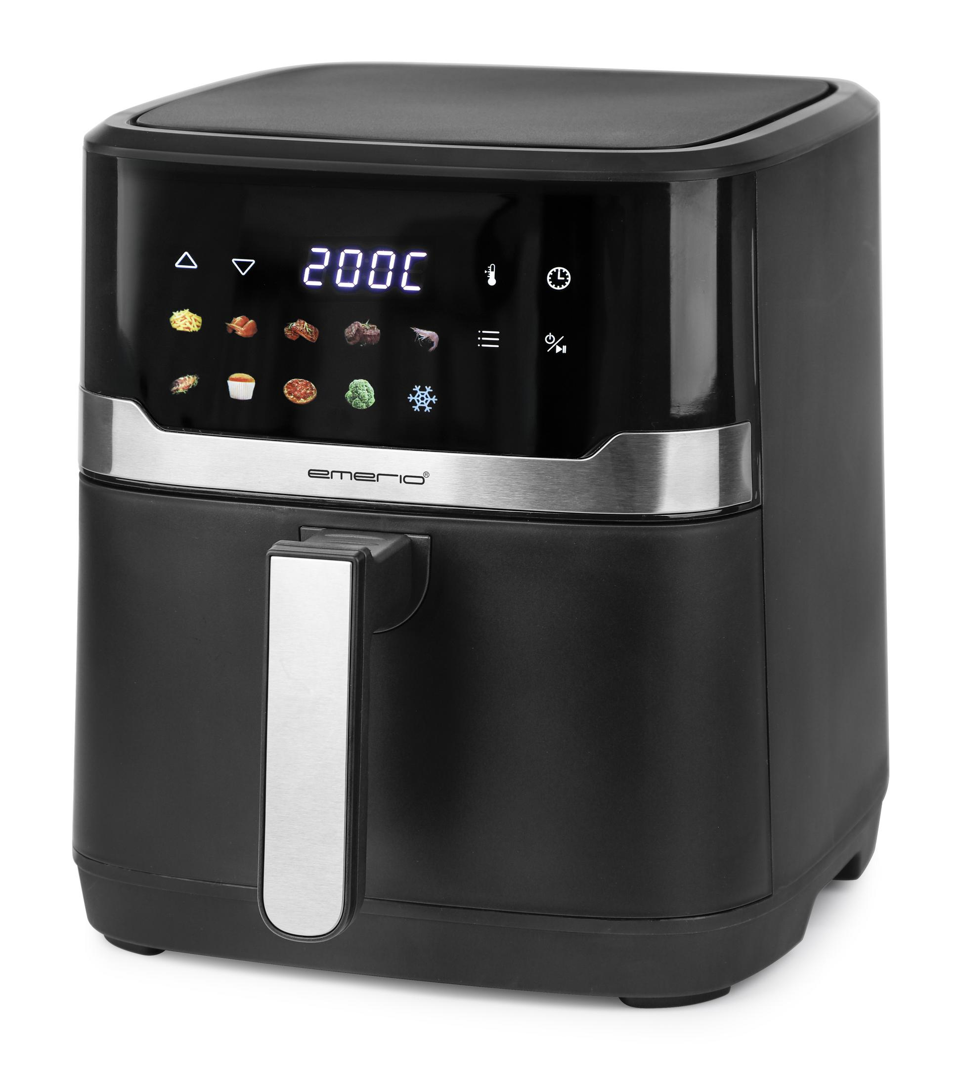 Schwarzer Emerio Heißluftfritteuse mit Digitalanzeige, die 200 °C und Lebensmittelsymbole zeigt.