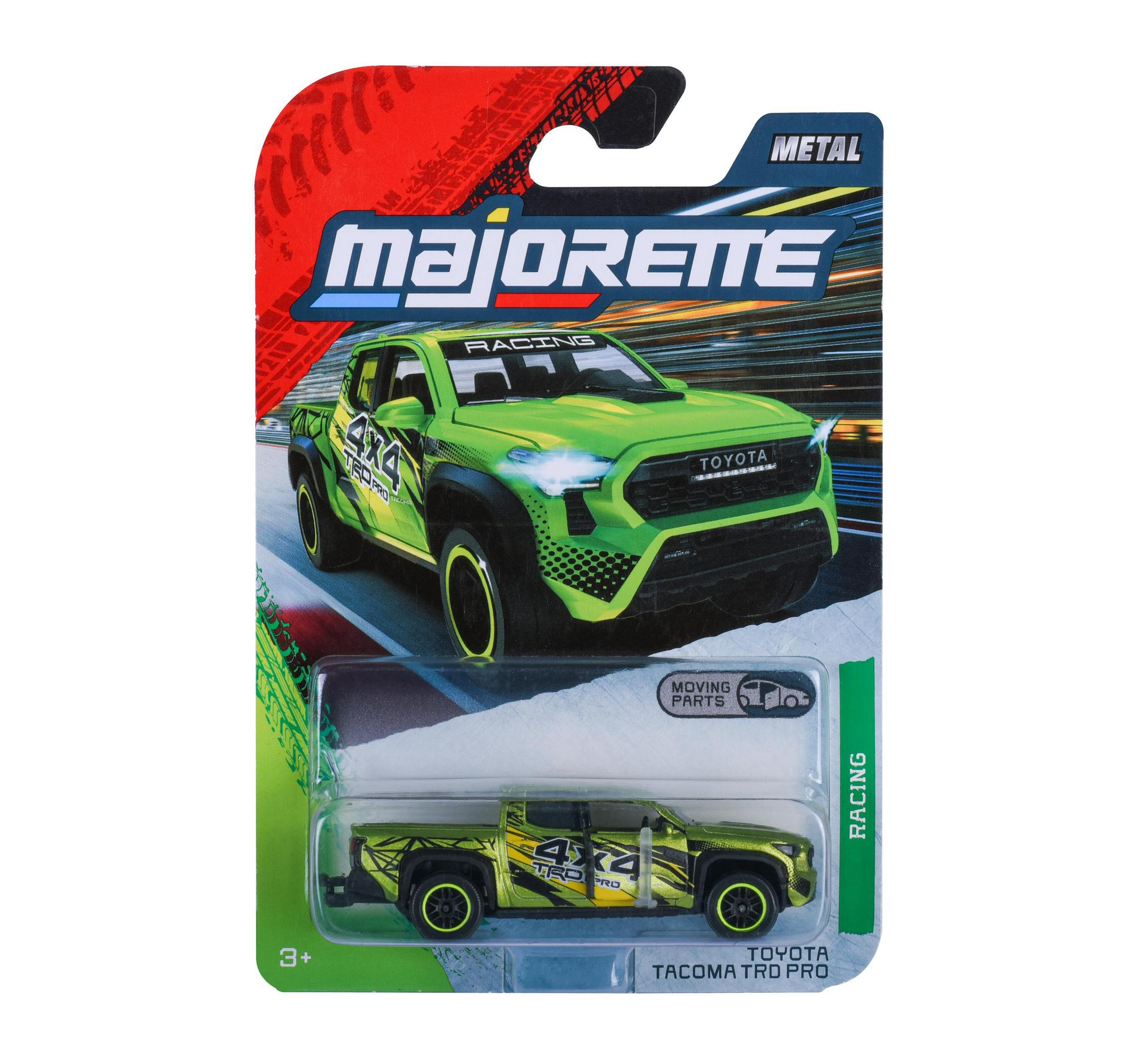 Grünes Majorette Toyota Tacoma TRD Pro Spielzeugauto im Renn-Design.