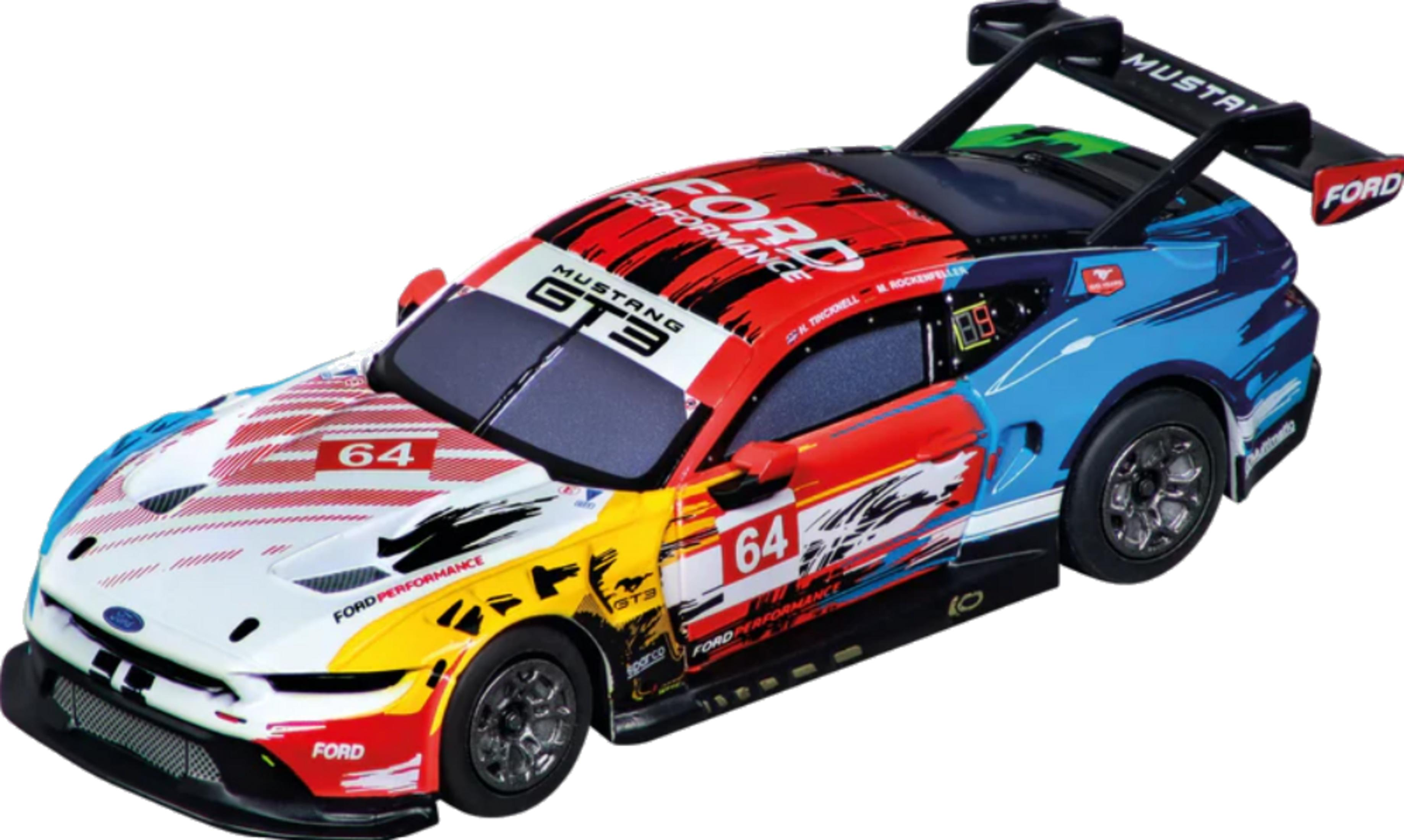 Ein bunter Ford Mustang GT3 Rennwagen mit der Nummer 64.