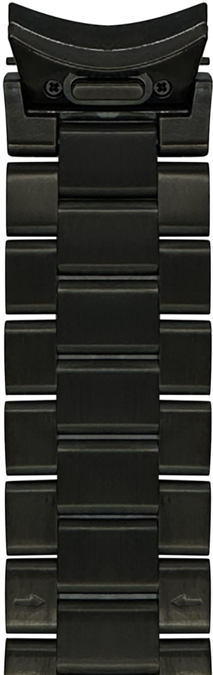 Bracciale per orologio in metallo nero con maglie curve in alto.