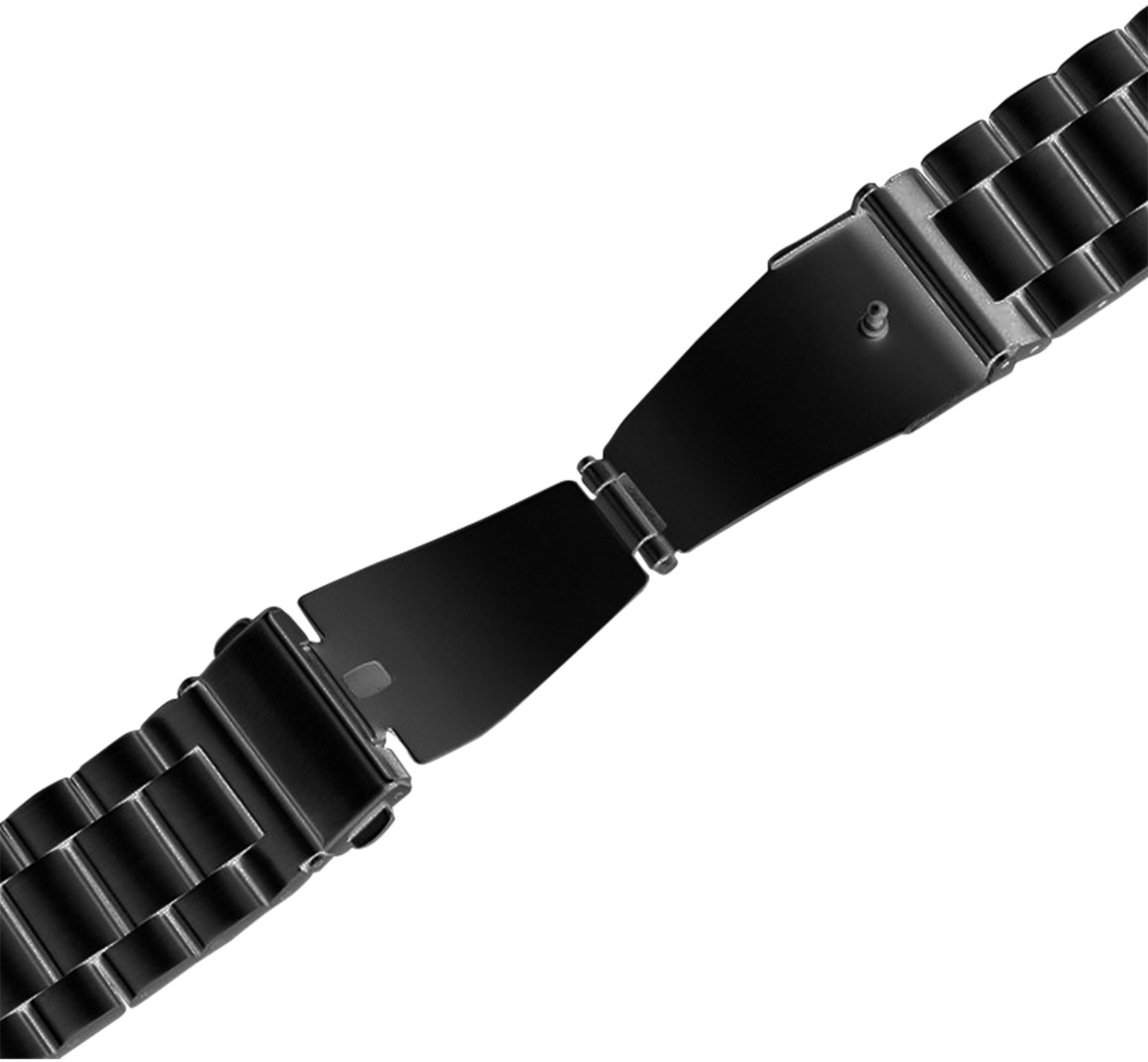 Un cinturino per orologio in metallo nero con maglie, che si apre al centro.