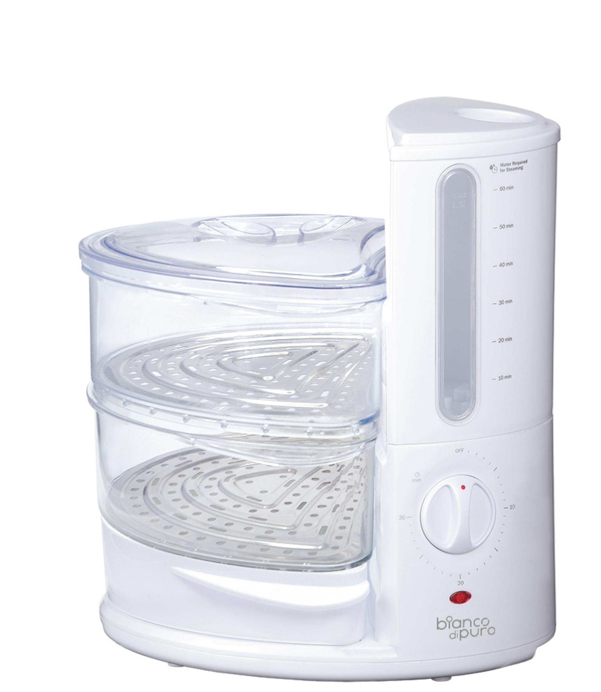 Ein weißer Dampfgarer mit drei durchsichtigen Kammern und einem Wasserbehälter.
