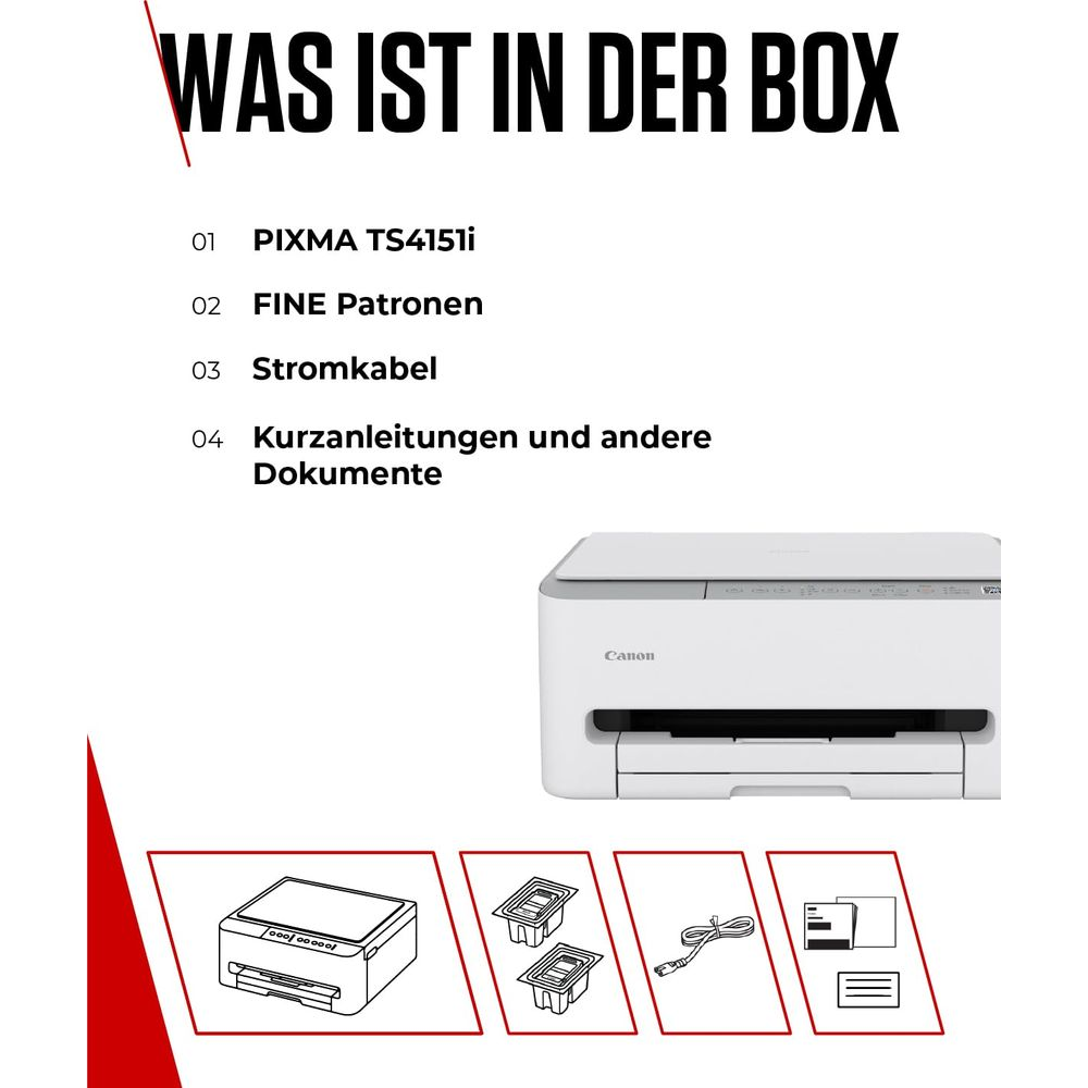 Inhalt der Box: Drucker, Patronen, Kabel, Anleitungen.