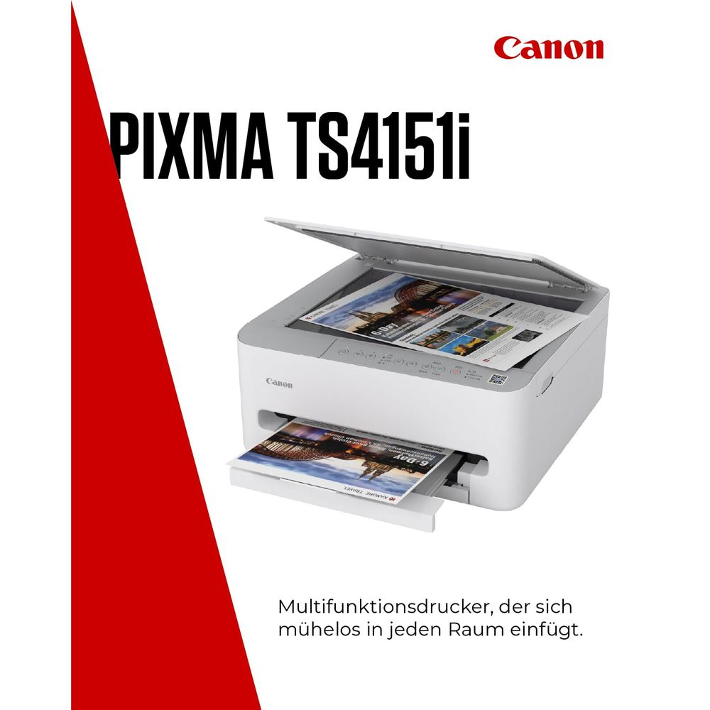 Ein weißer Canon Pixma TS4151i Drucker mit geöffnetem Deckel und Papier.