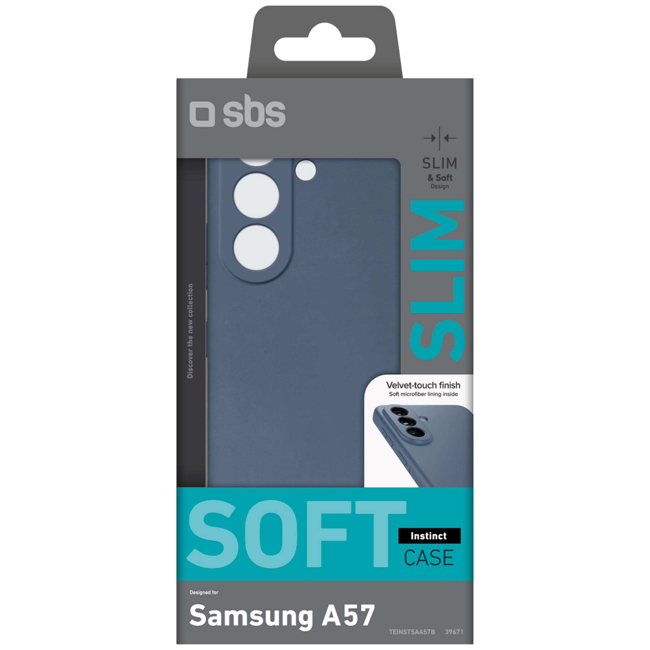 Verpackung für eine Samsung A57 Handyhülle in Blau, mit Aufdruck.