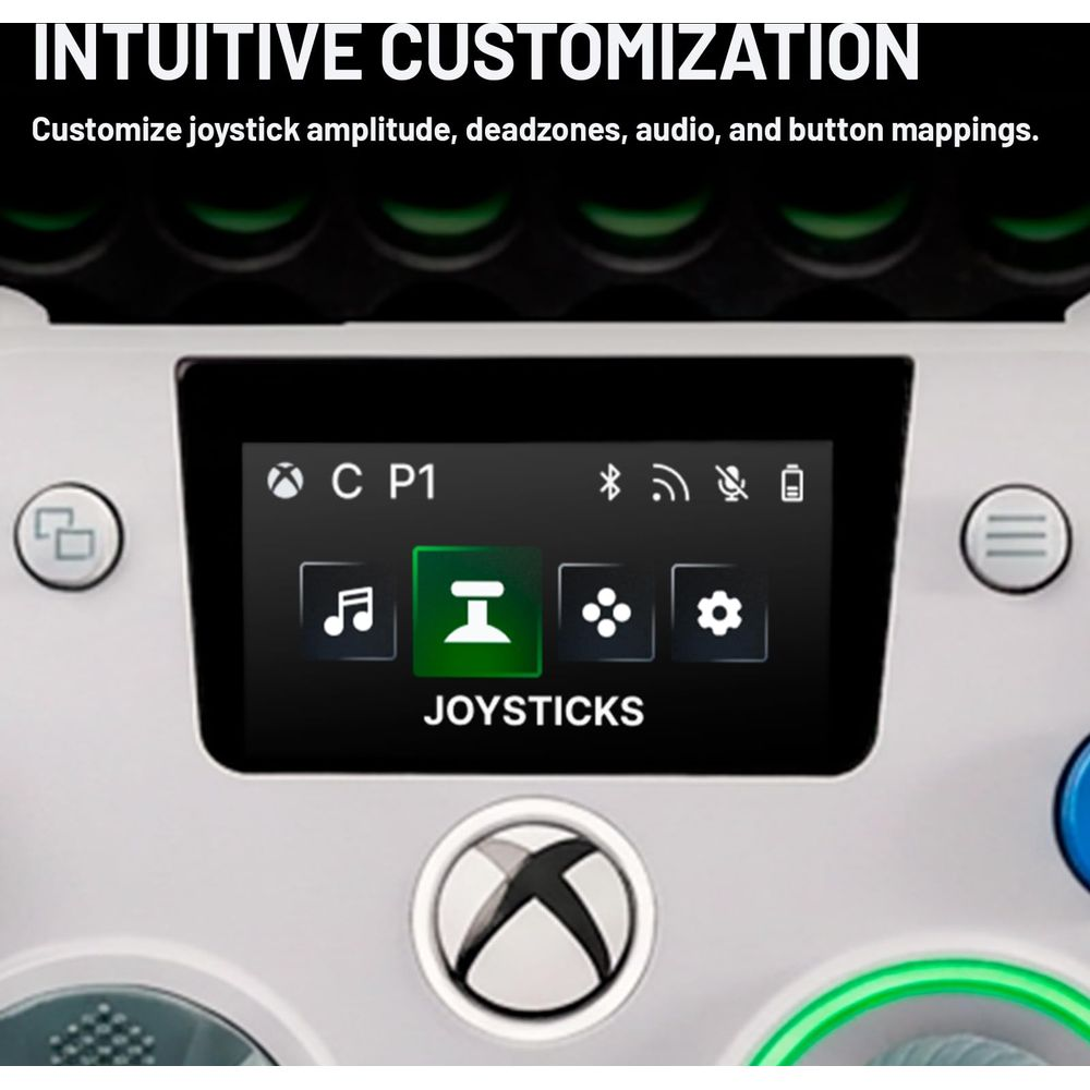 Bildschirm der Xbox-Steuerung zeigt Joystick-Einstellungen mit Symbolen für Musik, Joystick und Einstellungen.