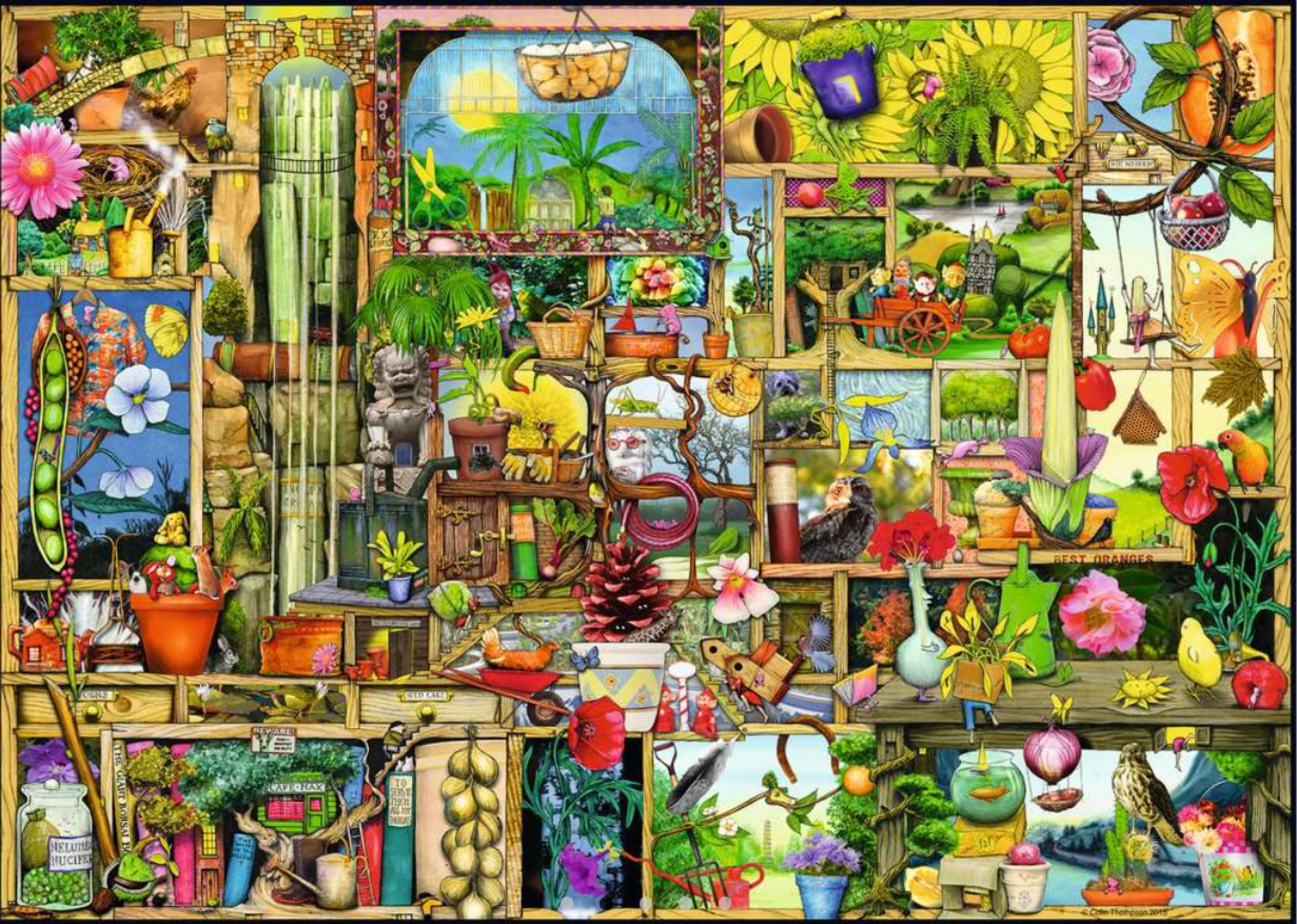 Un collage vibrante di scene di giardinaggio, animali e creature mitiche.