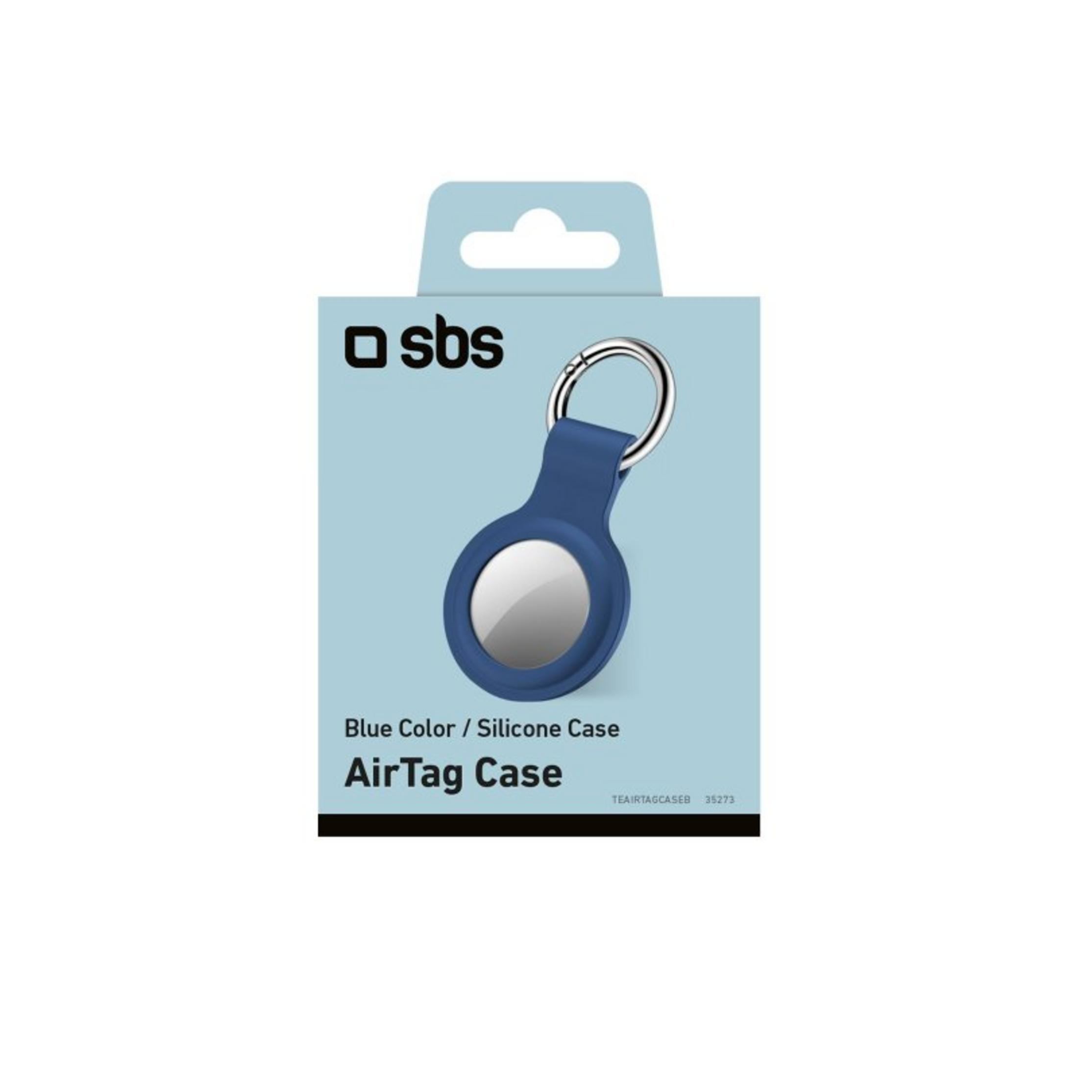 Embalaje con funda de silicona AirTag azul y anilla plateada.