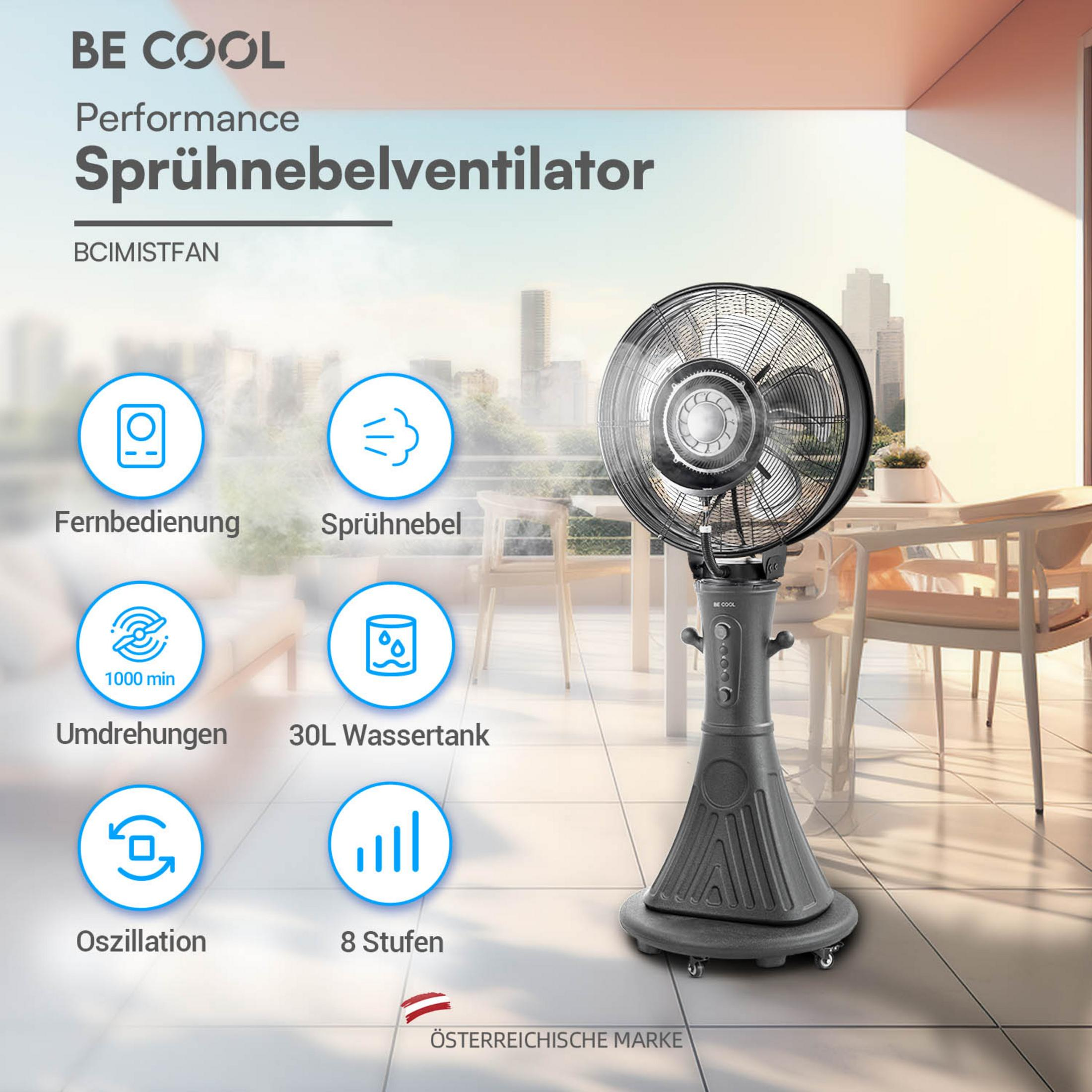 Un ventilatore nebulizzatore da terra con telecomando, serbatoio da 30L, oscillazione, 8 velocità.