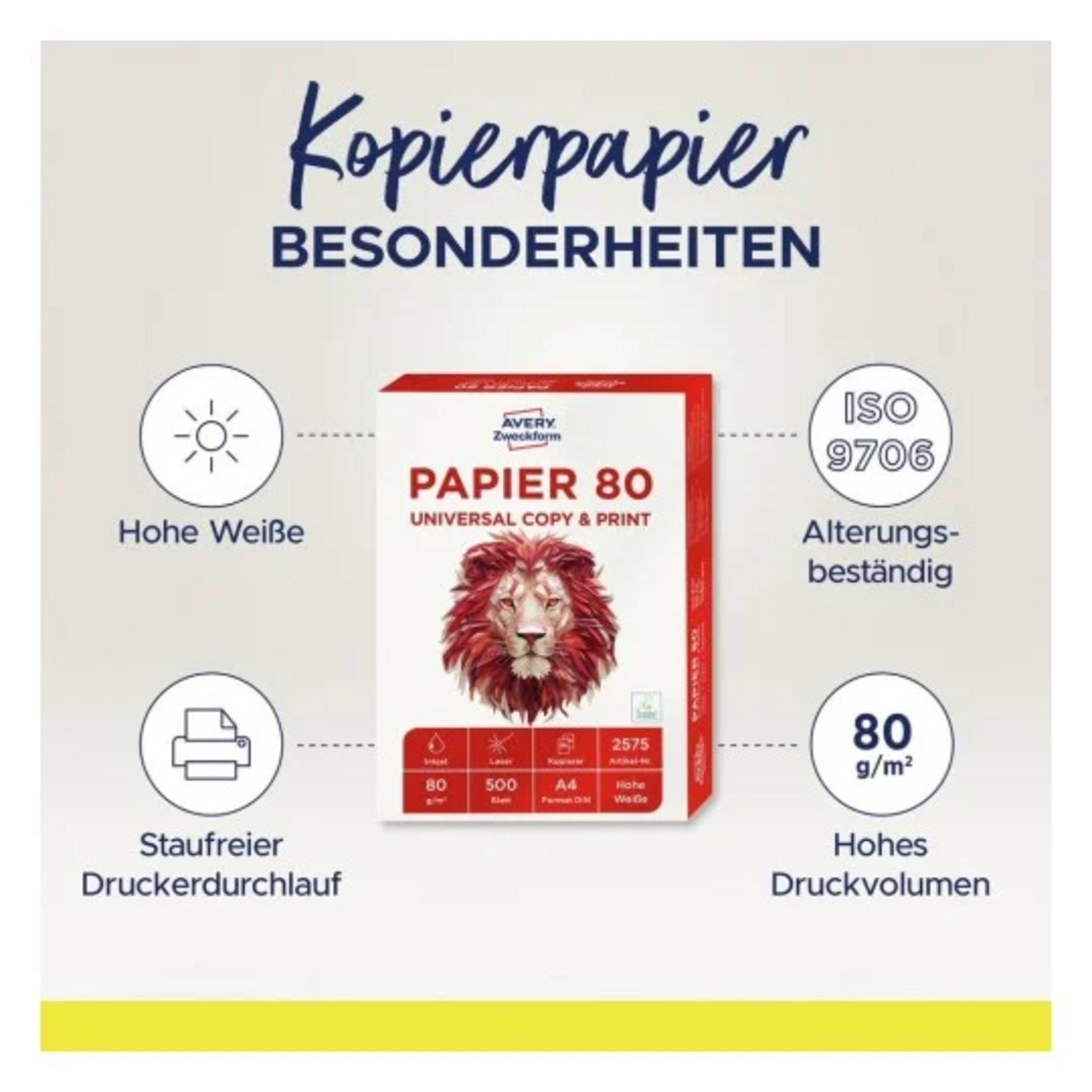 Avery Kopierpapier 80g/m², mit Löwenmotiv, ISO 9706, Alterungsbeständig.