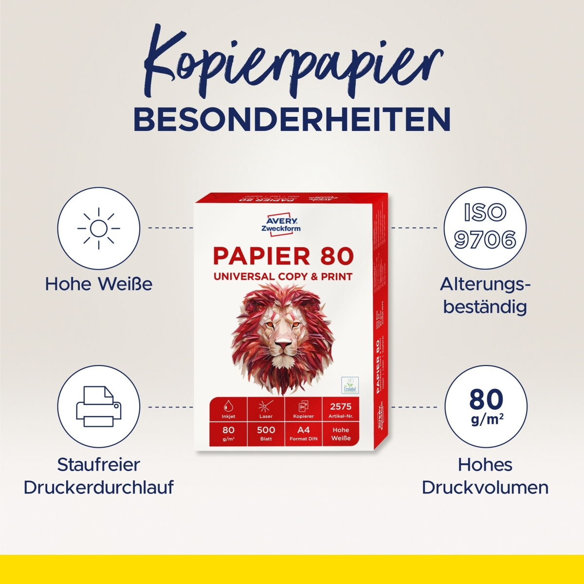Verpackung Kopierpapier mit Löwenmotiv, Details zu Weißegrad und Druckeignung.