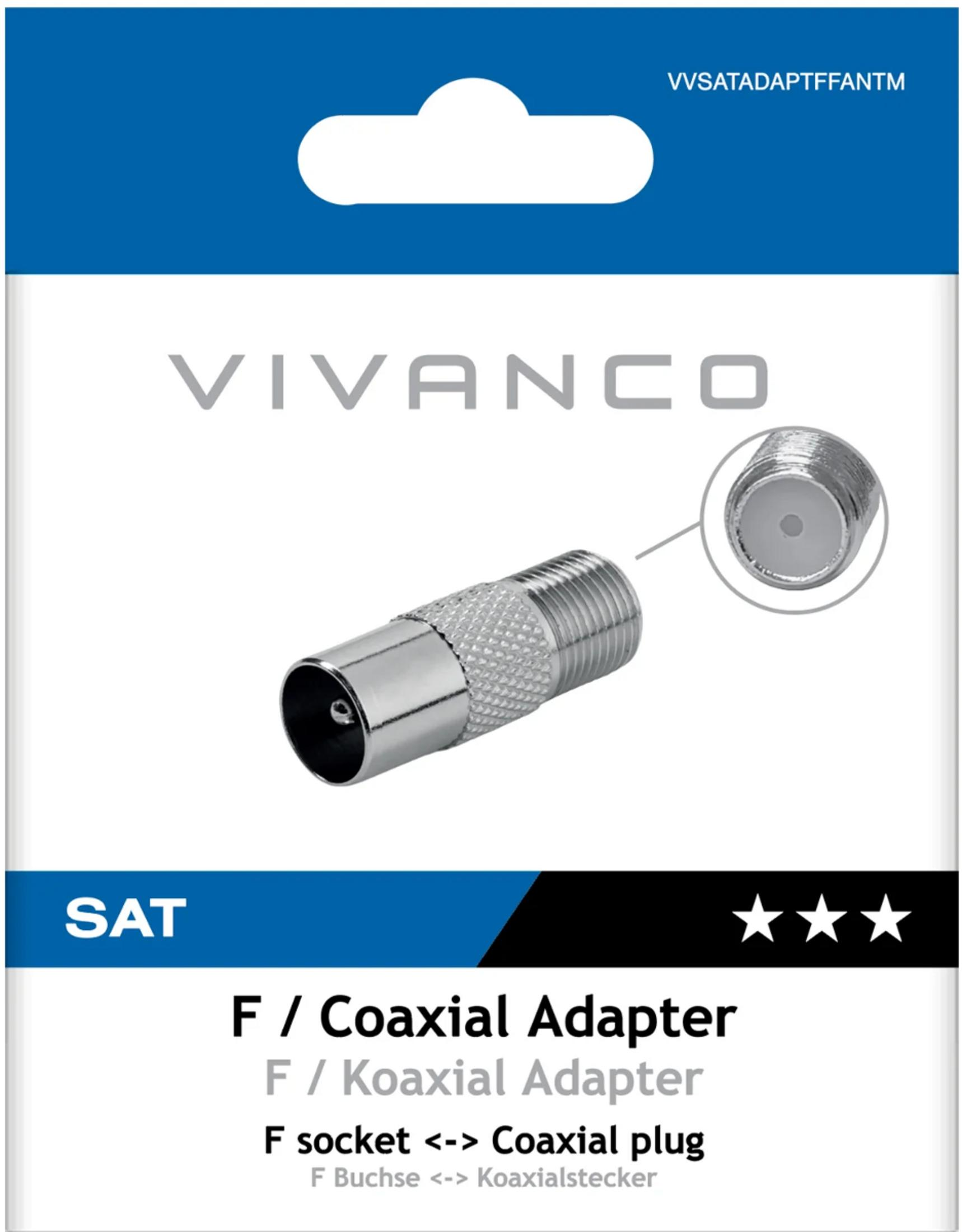 Un adaptador F/Coaxial plateado con rosca, diseñado para conexiones SAT.