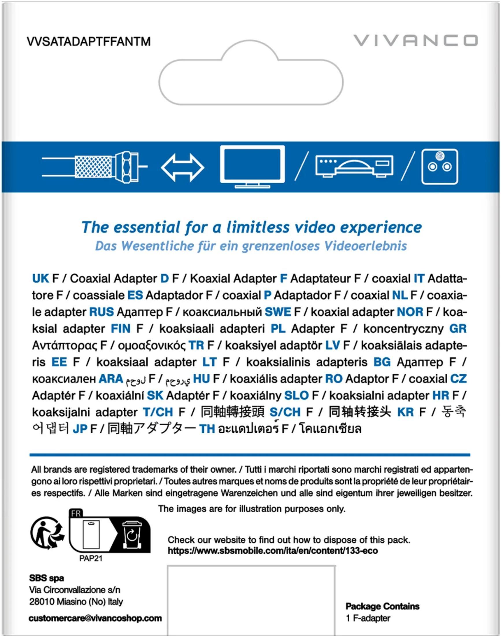Embalaje adaptador VIVANCO con iconos de video, reciclaje e información.