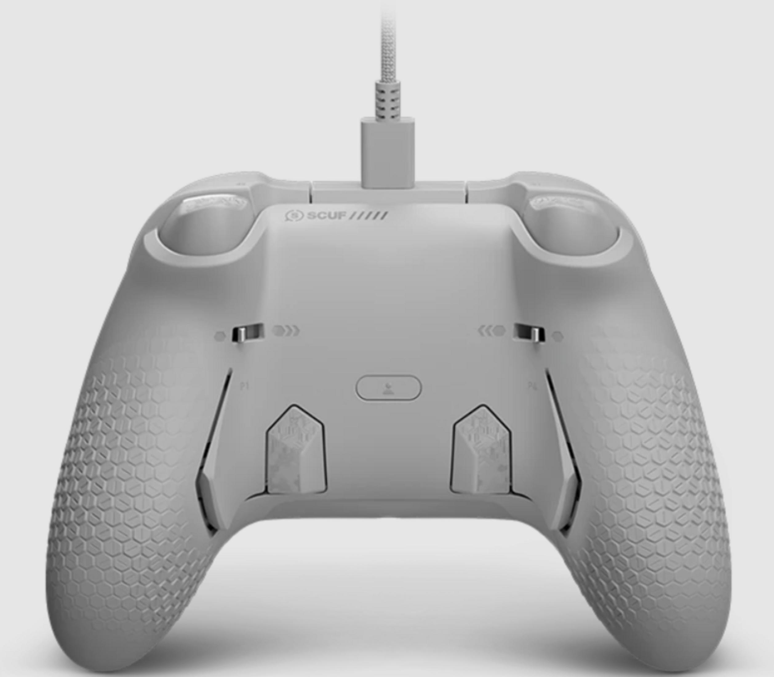 Grauer Controller mit Wabenmuster-Griffen und angeschlossenem Kabel.