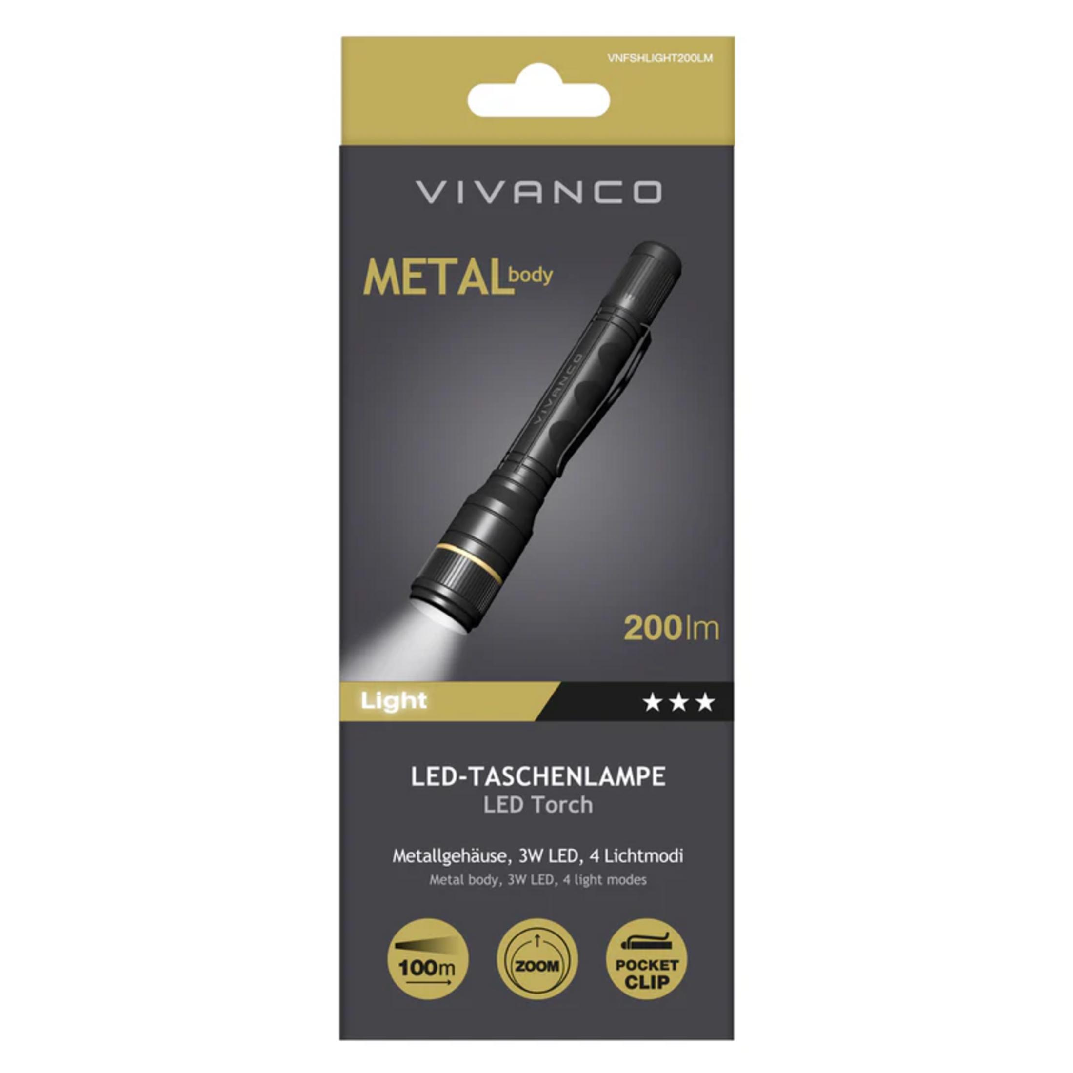 Embalaje de una linterna LED Vivanco con cuerpo metálico, 200 lúmenes.