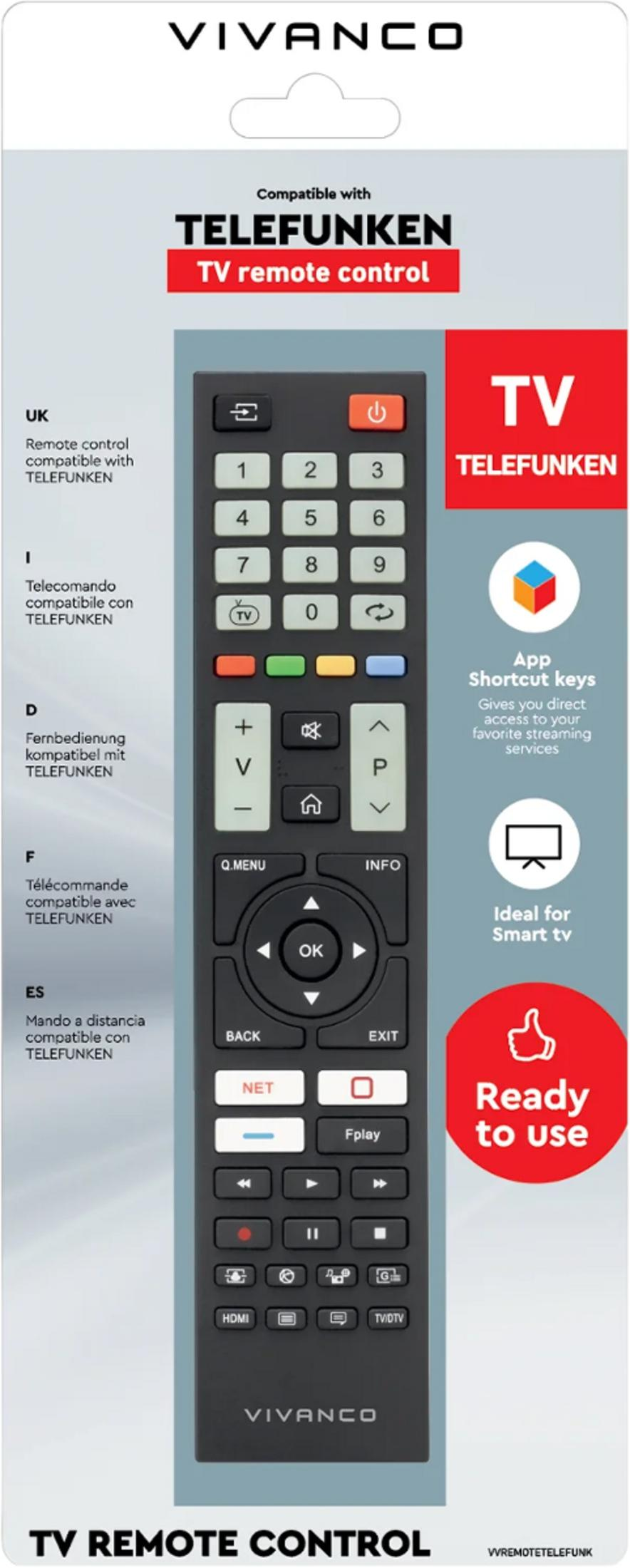 Confezione telecomando TV Vivanco, compatibile Telefunken.