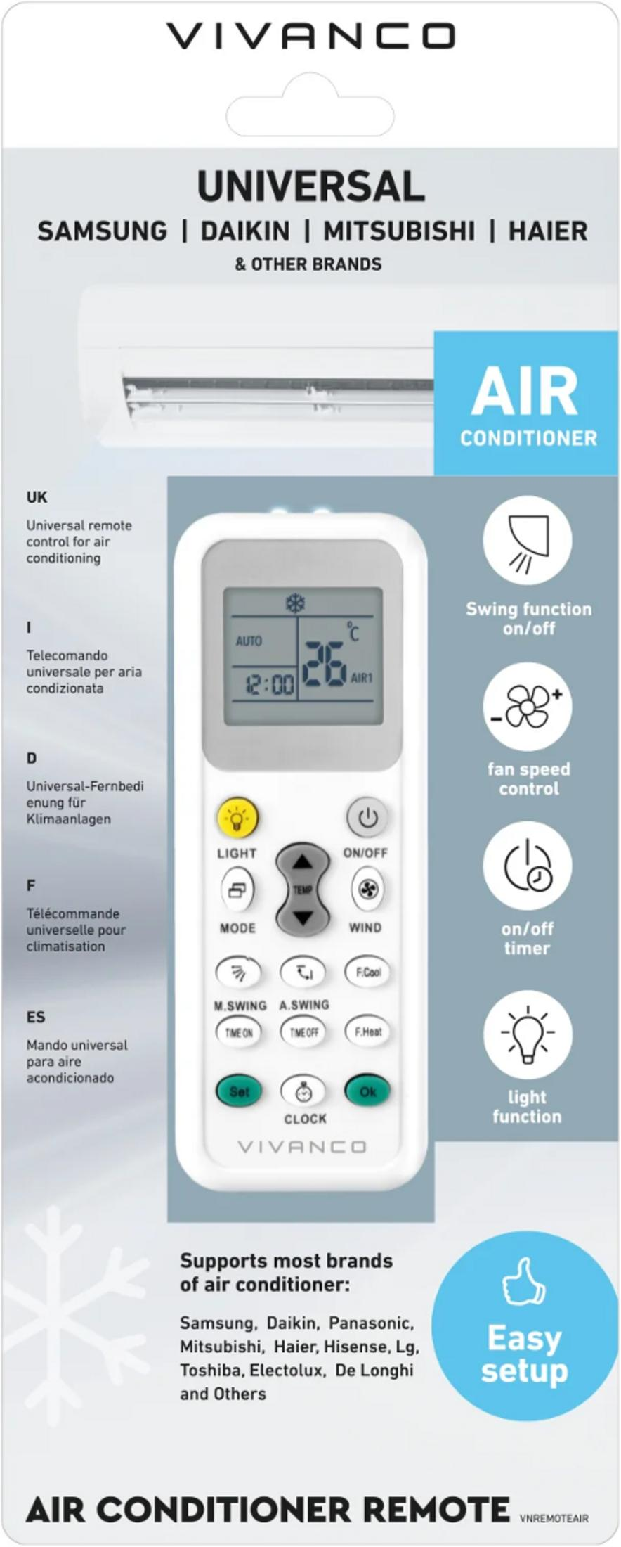 Telecomando universale VIVANCO per condizionatore con schermo LCD e pulsanti.