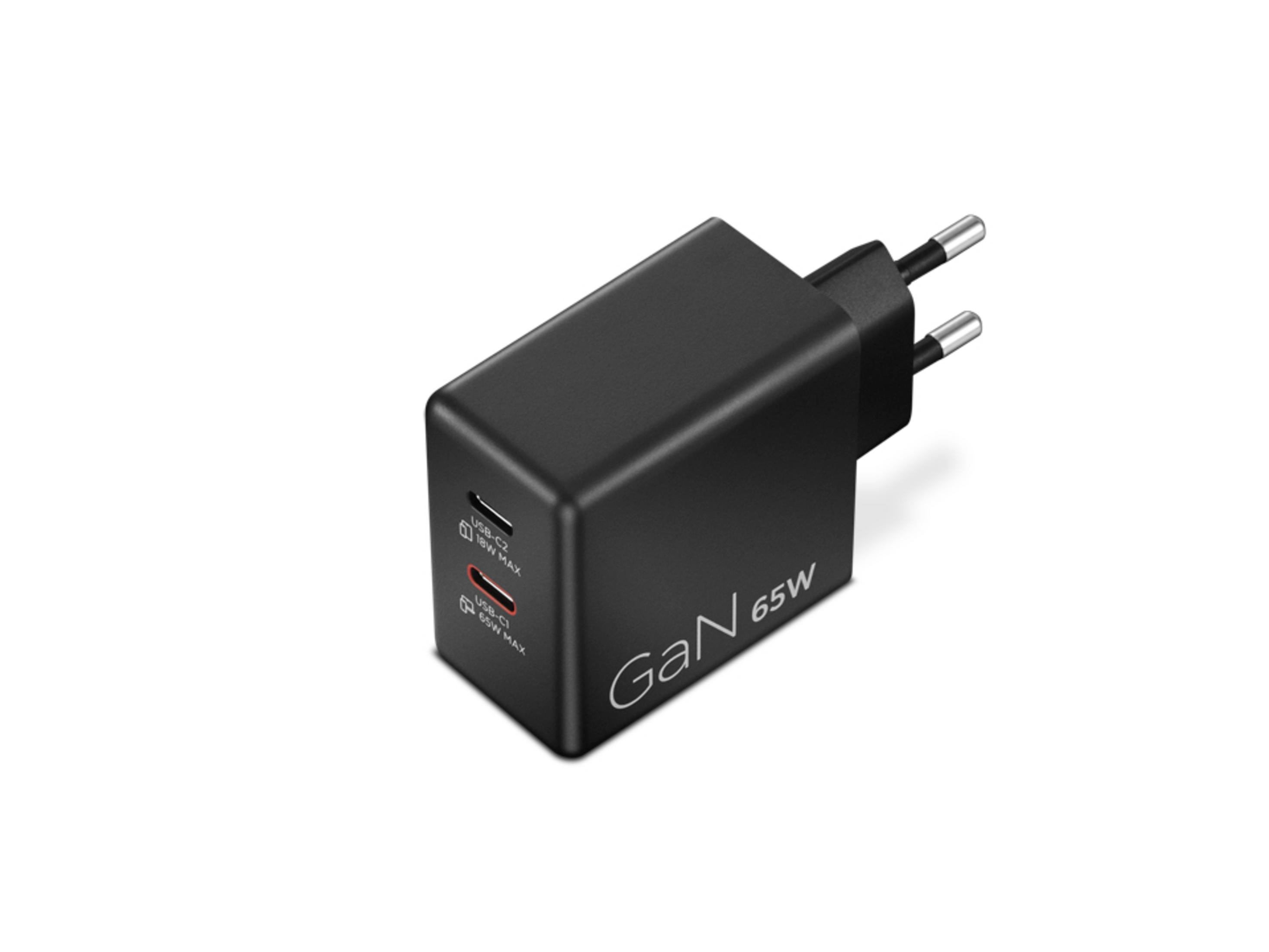 Chargeur GaN USB-C noir 65W avec deux ports et prise européenne.