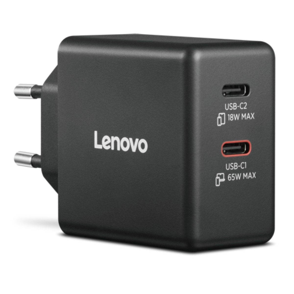 Adaptateur secteur Lenovo noir avec deux ports USB (C2 18W, C1 65W).
