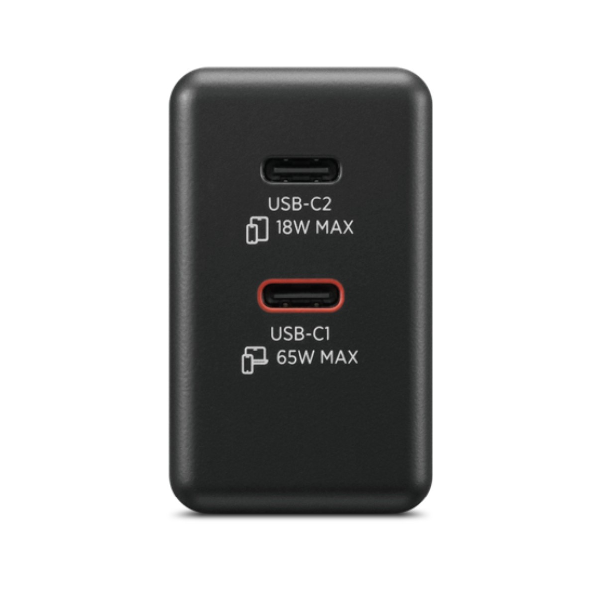 Adaptateur chargeur USB-C noir avec deux ports : USB-C2 (18W) et USB-C1 (65W).