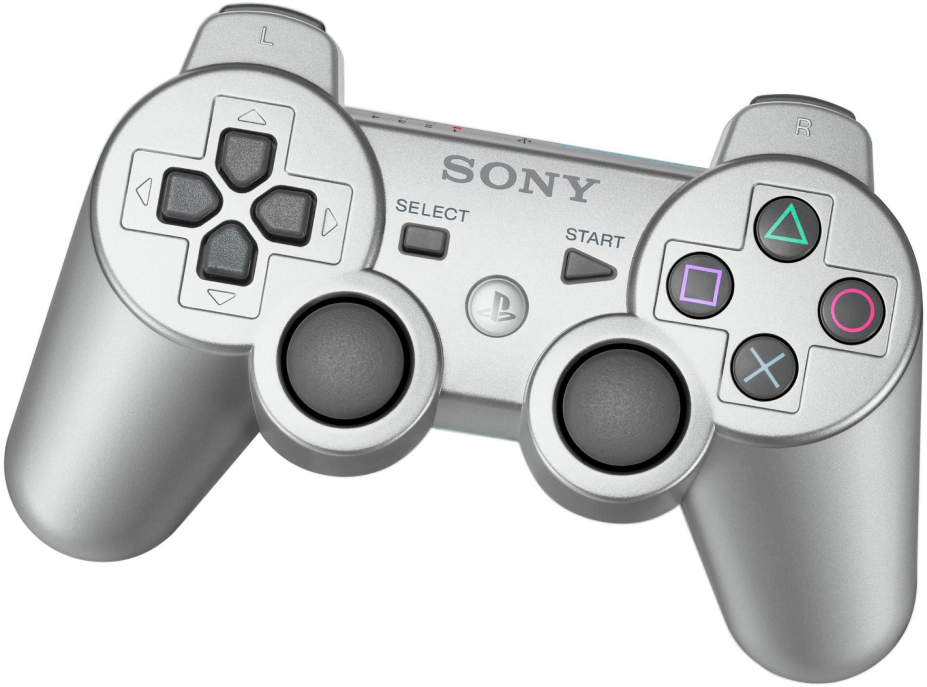 Silver PlayStation controller with SELECT, START, and PlayStation symbol buttons.