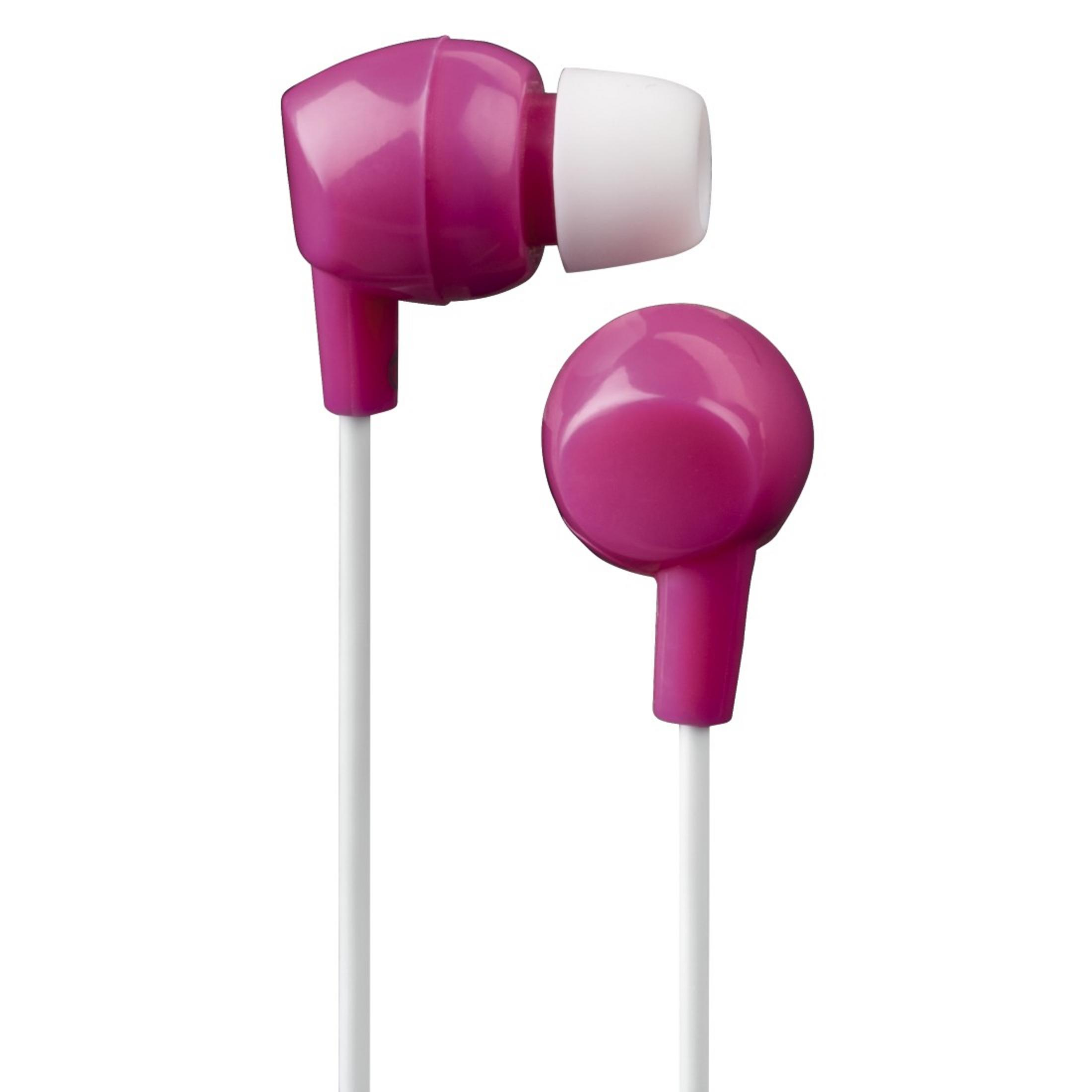 Due auricolari rosa con gommini bianchi e cavi bianchi.