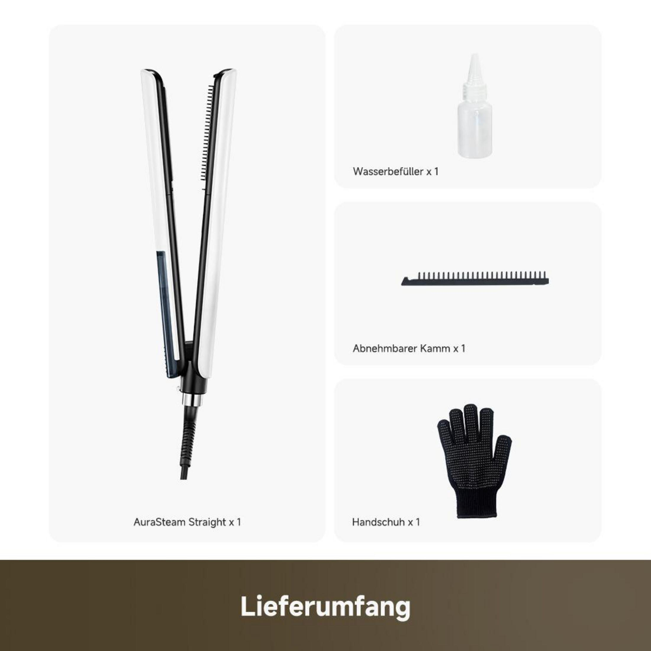 Incluso: piastra per capelli, riempitivo d'acqua, pettine e guanto.