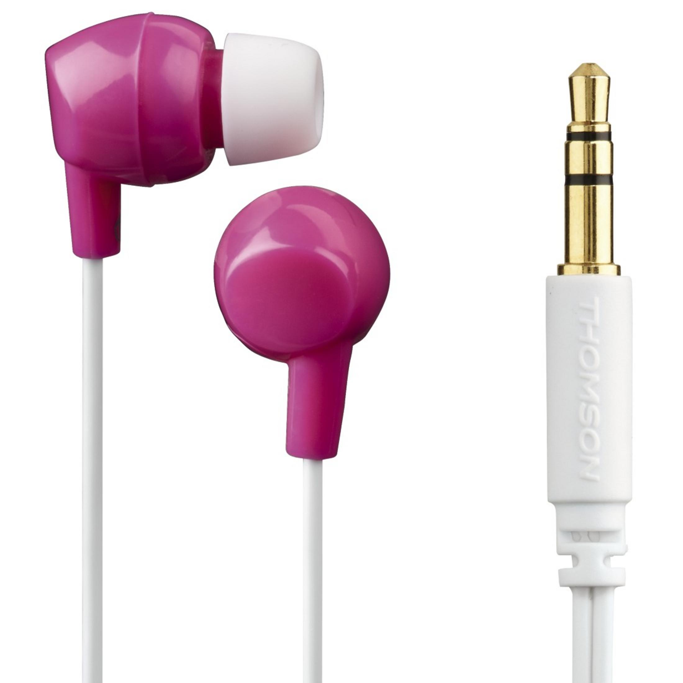 Un paio di auricolari rosa con cavo bianco e spina jack.