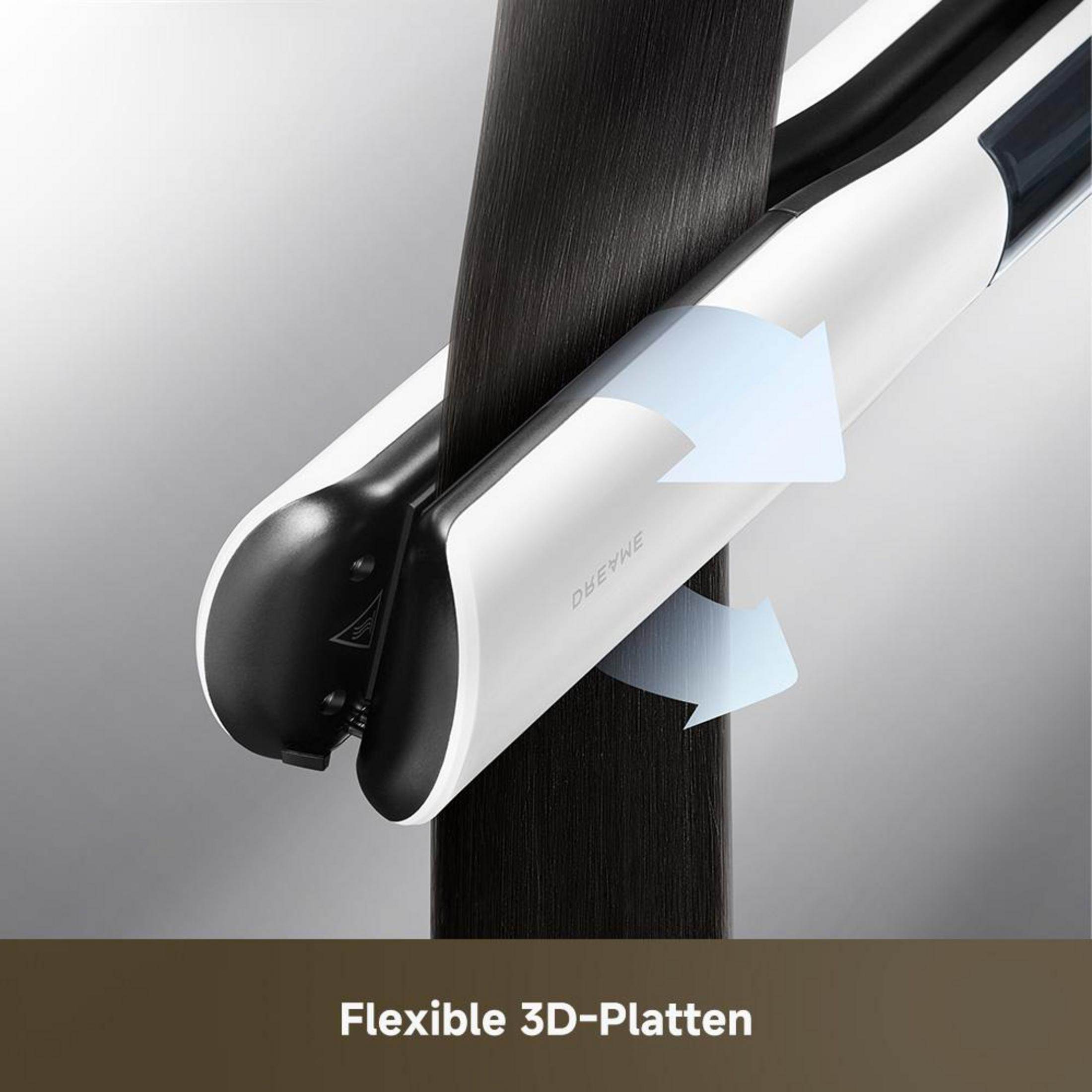 Una piastra per capelli bianca e nera con piastre 3D flessibili tiene capelli scuri.