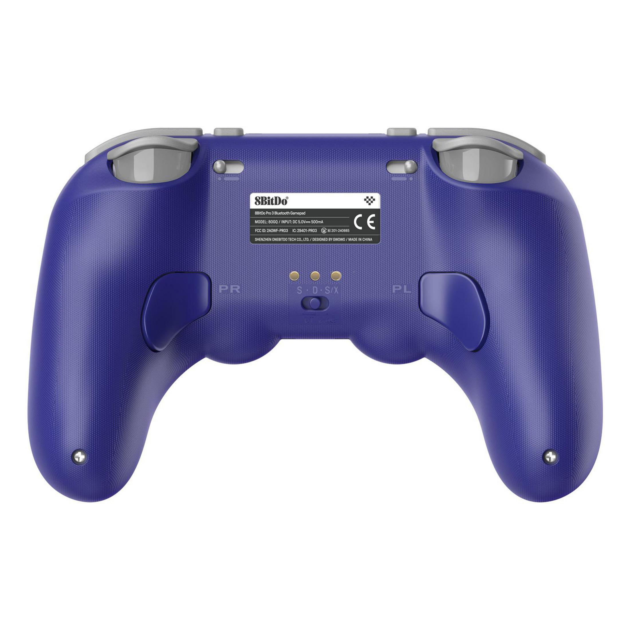 Fioletowy gamepad Bluetooth 8BitDo Pro 3 z szarymi przyciskami i etykietami.