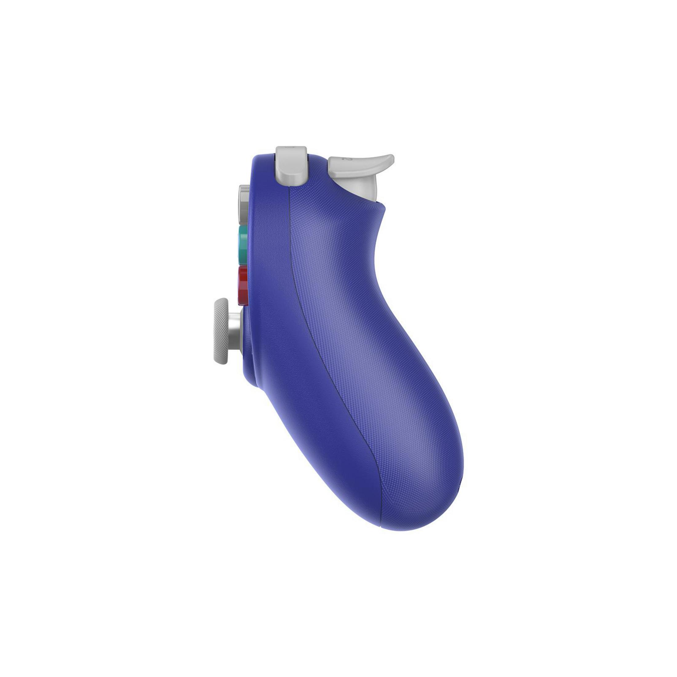 Niebieski kontroler do gier w profilu, z szarymi przyciskami i częścią joysticka.