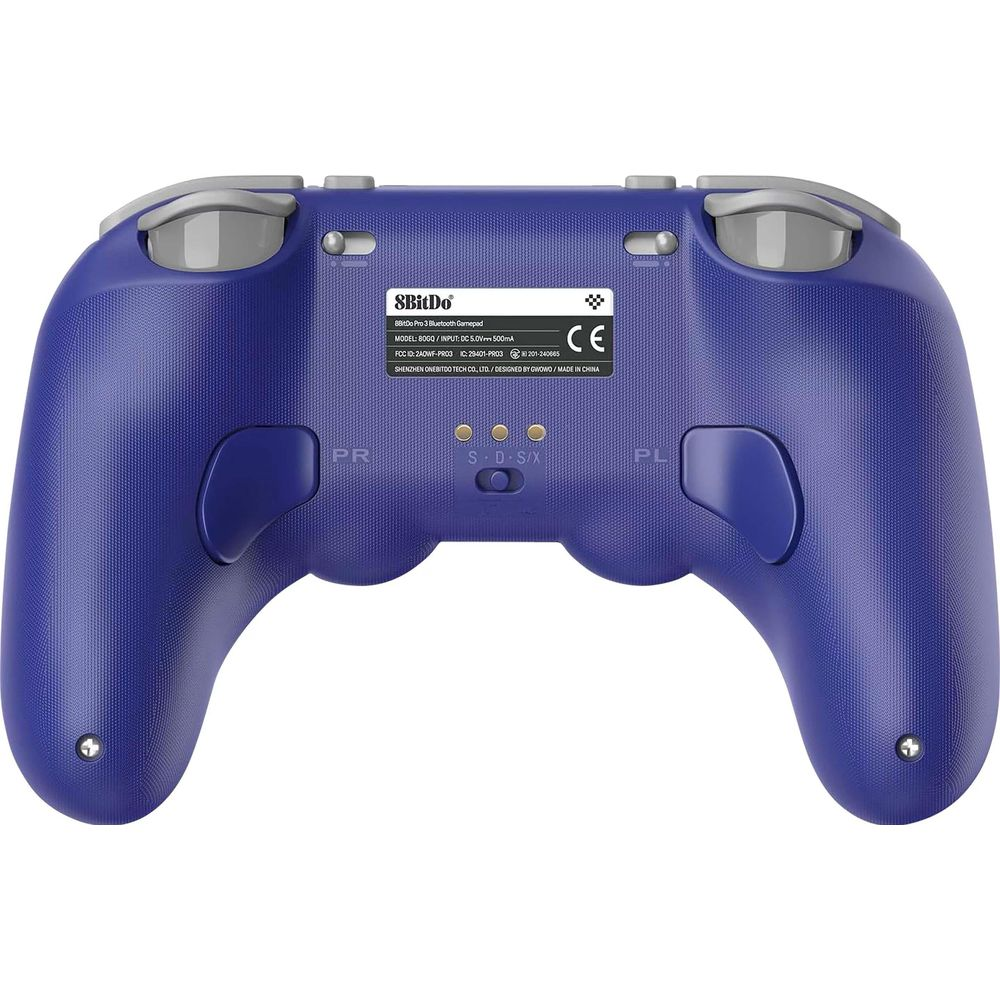 Niebieski gamepad Bluetooth 8BitDo Pro 3, widok od tyłu, z oznaczeniem CE.
