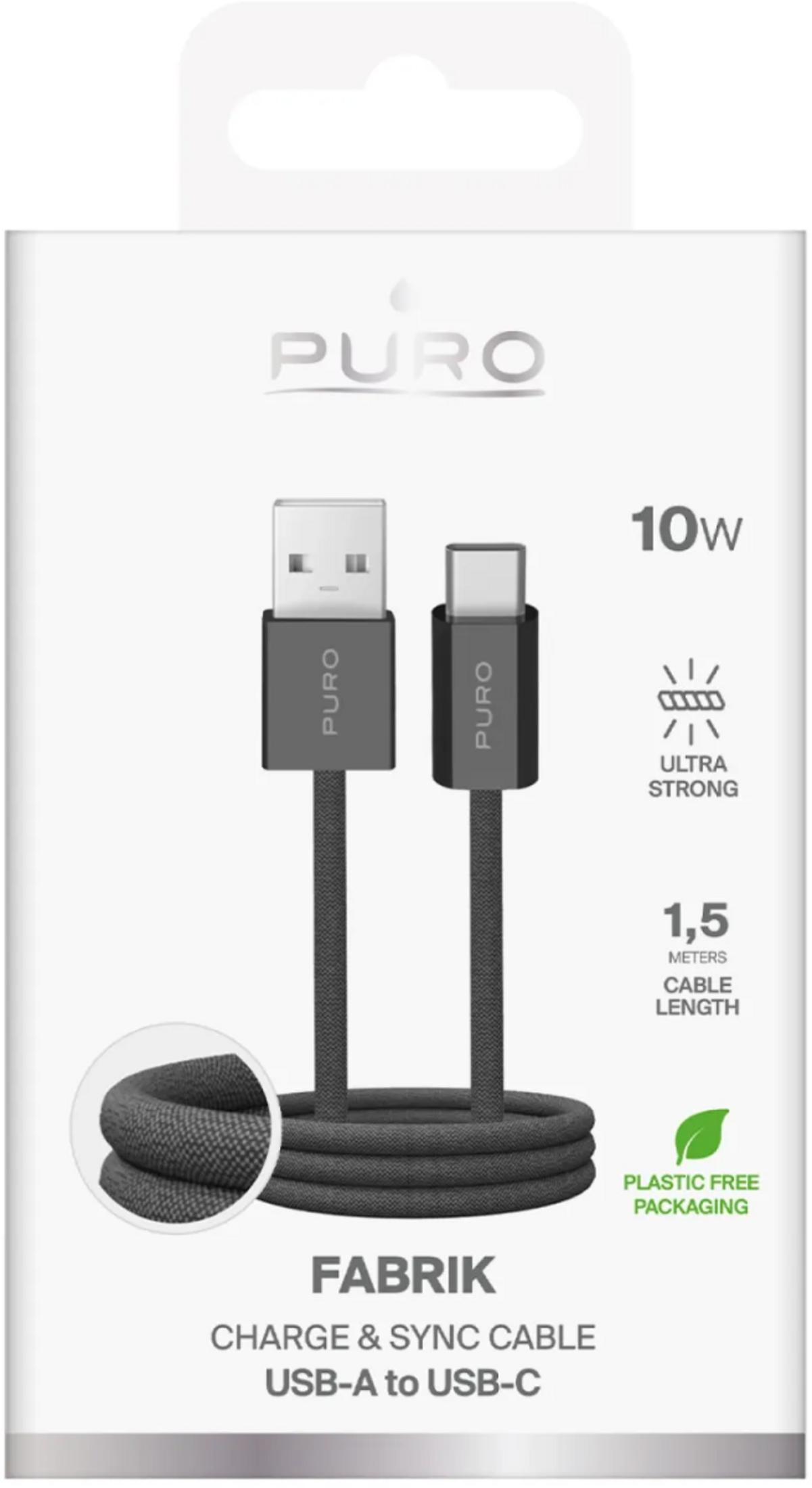 Puro USB-A zu USB-C Lade- und Synchronisationskabel, 1,5m, 10W, ultraleicht, plastikfrei.